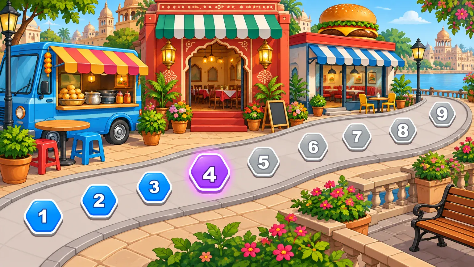 Representative artwork: a level-selection path past a street-food van, an Indian restaurant and a burger restaurant, with hexagon level badges numbered 1 to 9 — badges 1 to 3 blue (completed), badge 4 purple and glowing (current), badges 5 to 9 grey (locked)