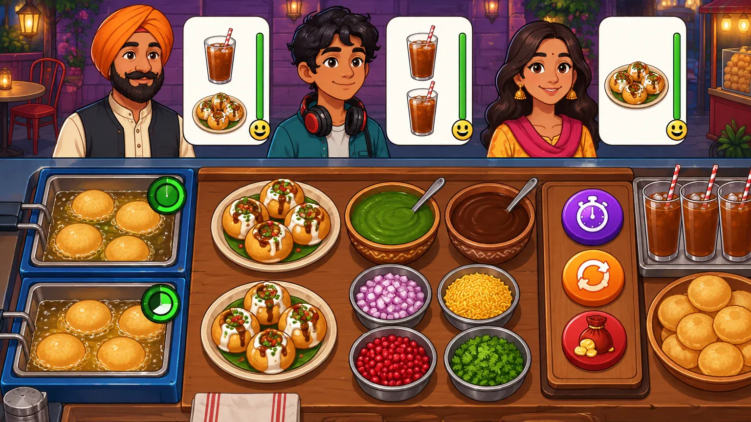 Representative recreation of a gameplay screen in a street-food kitchen: three customers (a man in an orange turban, a teenager with headphones, a young woman) with order cards for cold drinks and stuffed puris, vertical patience bars and smileys; two blue deep fryers with puris and green timers; plates of stuffed puris, chutneys and toppings; and a tray of three booster buttons — a stopwatch, a refresh arrow and a coin bag