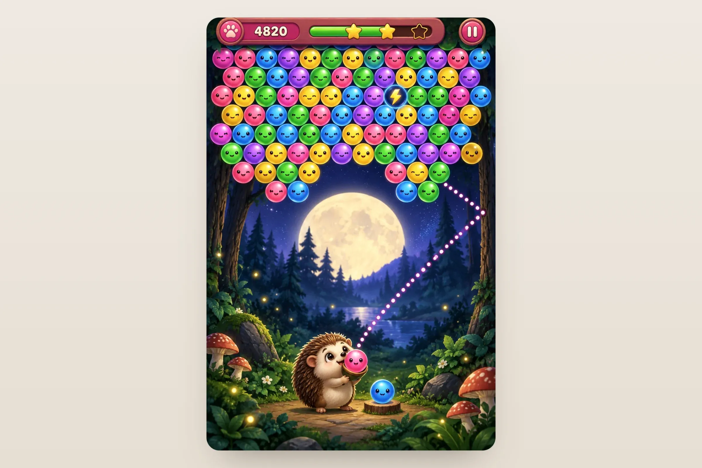 Representative artwork: a bubble shooter in a moonlit forest — a ceiling of coloured smiling bubbles, a hedgehog with a launcher and a dotted aiming line bouncing off the wall, a score and a three-star bar