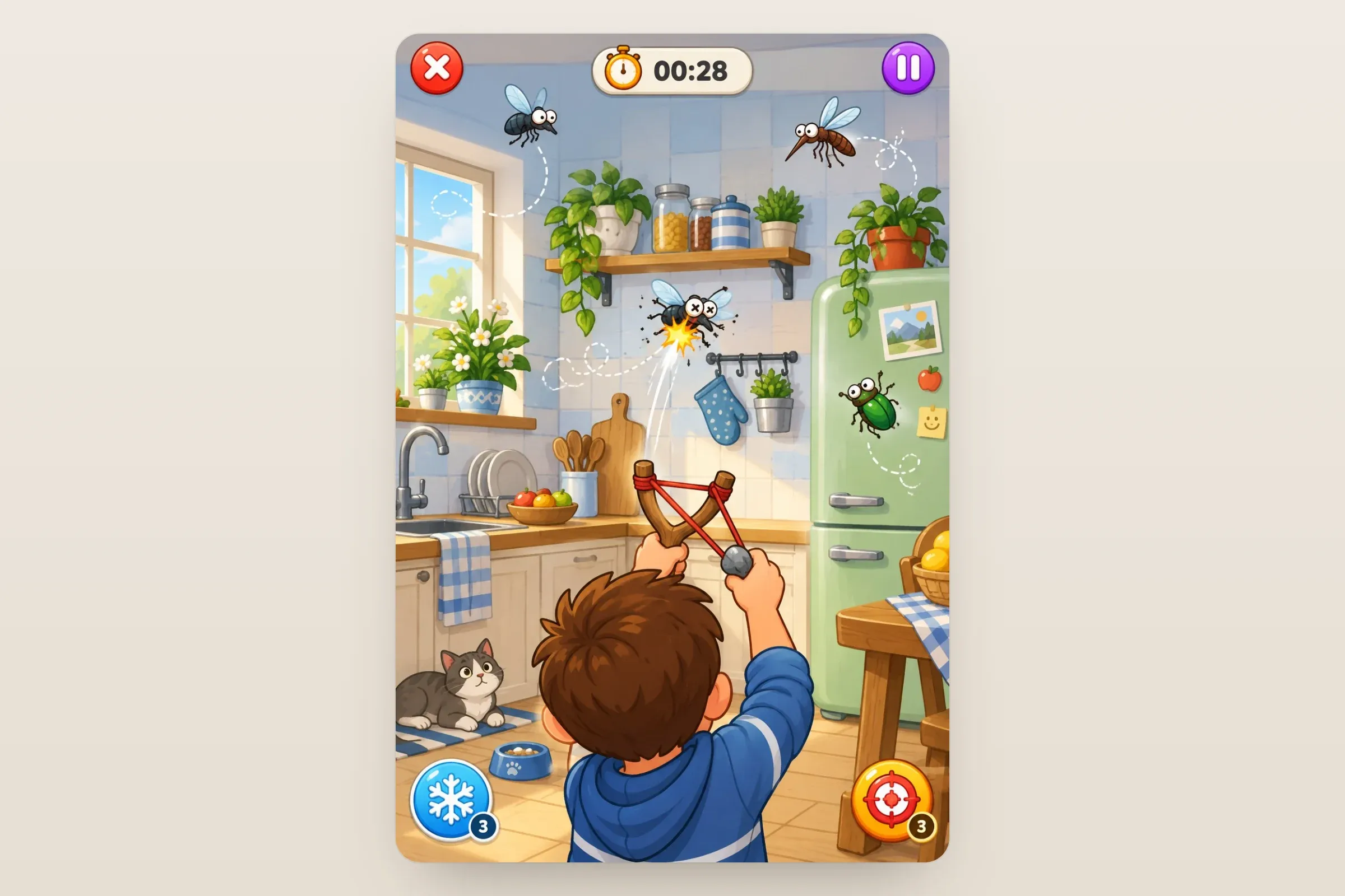 Representative artwork: a boy aiming a slingshot at flies, a mosquito and a beetle in a cartoon kitchen, a timer at the top and power-up buttons in the corners