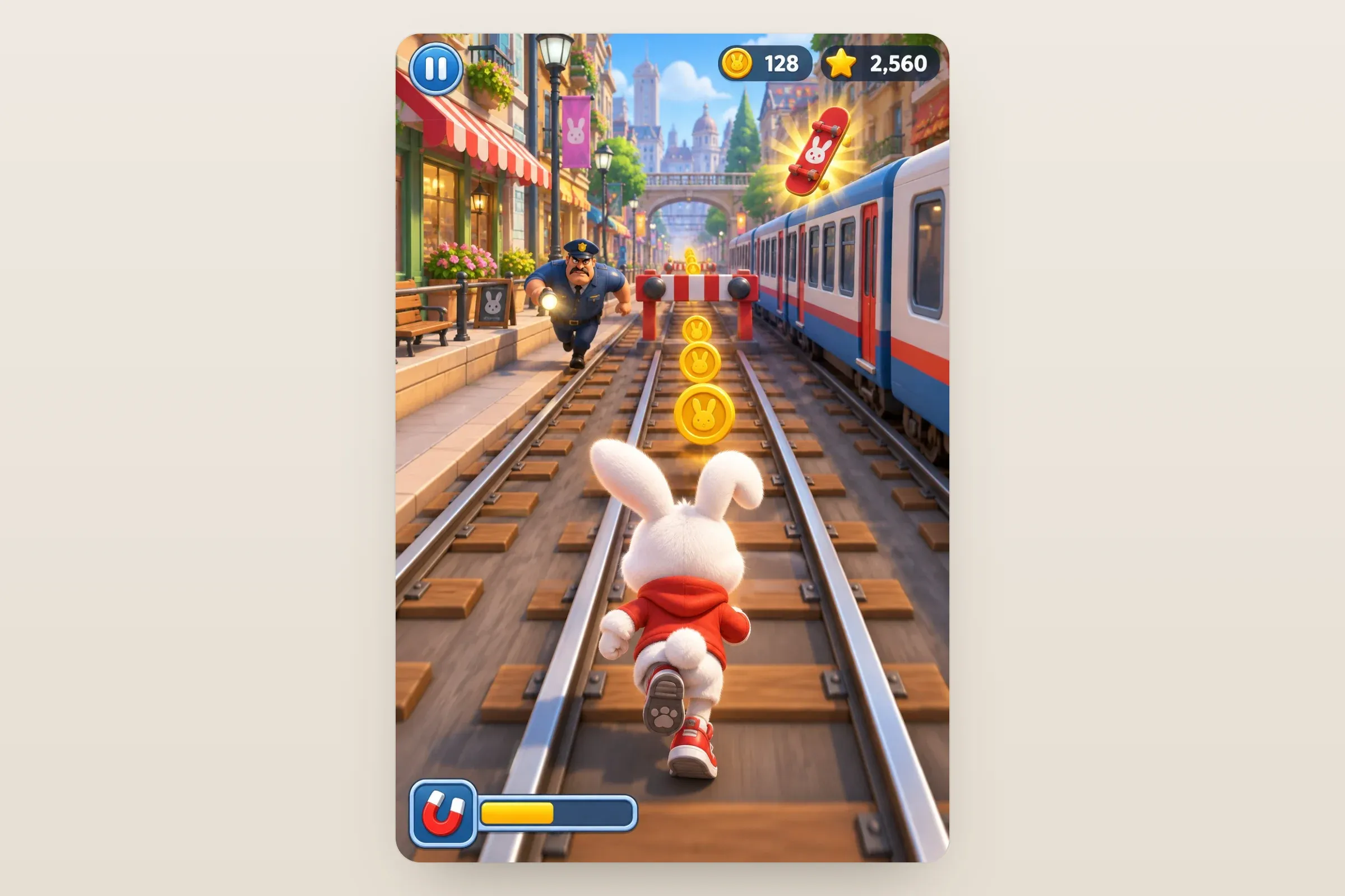Representative artwork: a white rabbit in a red hoodie running along railway tracks past shops and a train, a security guard running alongside on the platform, coins on the track and a skateboard power-up