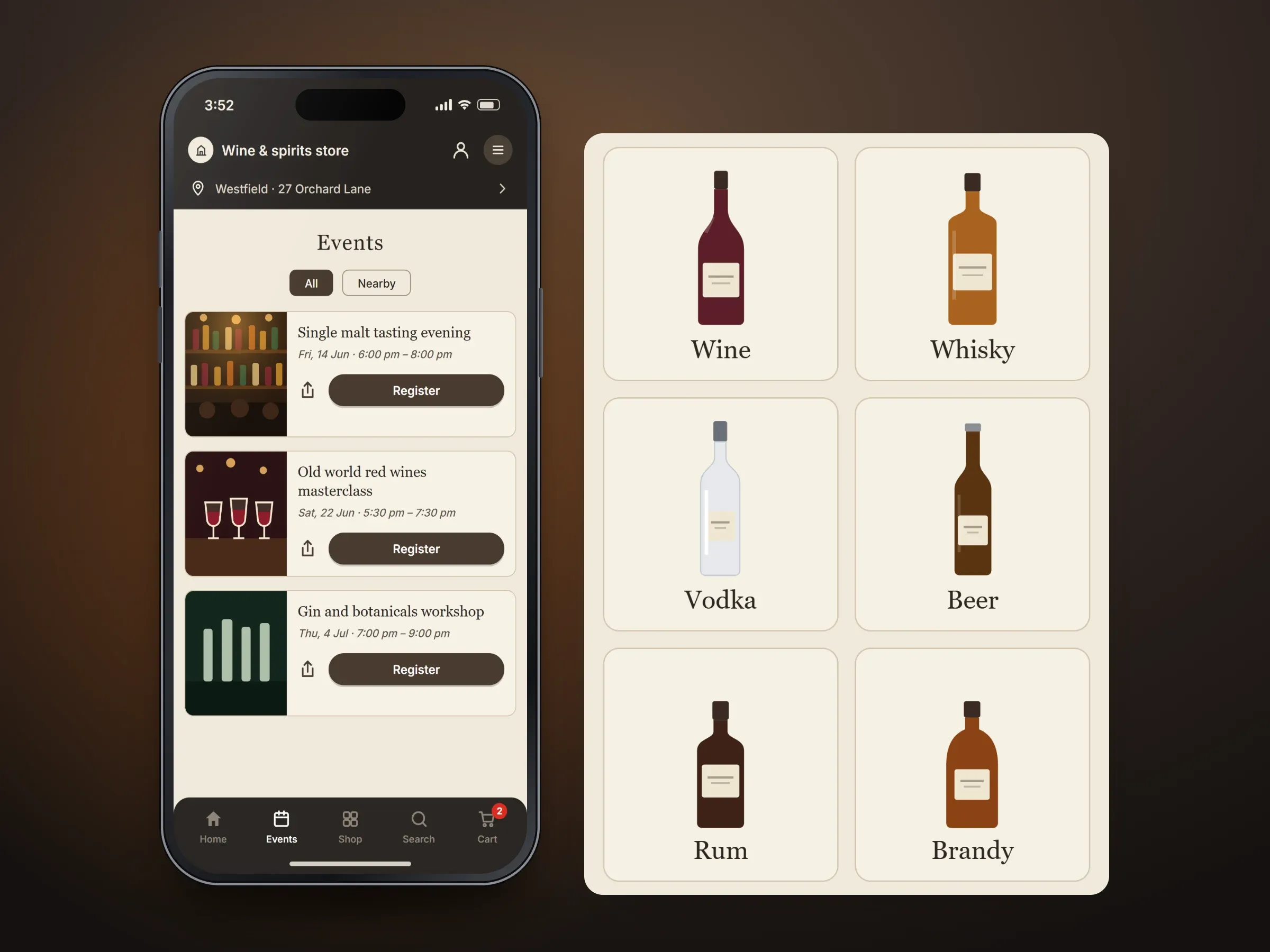 Recreated screens of the wine and spirits app: a phone showing the shop's collections or its events, with an enlarged panel of two events, a single malt tasting evening and an old world red wines masterclass, each with its date, time and a Register button