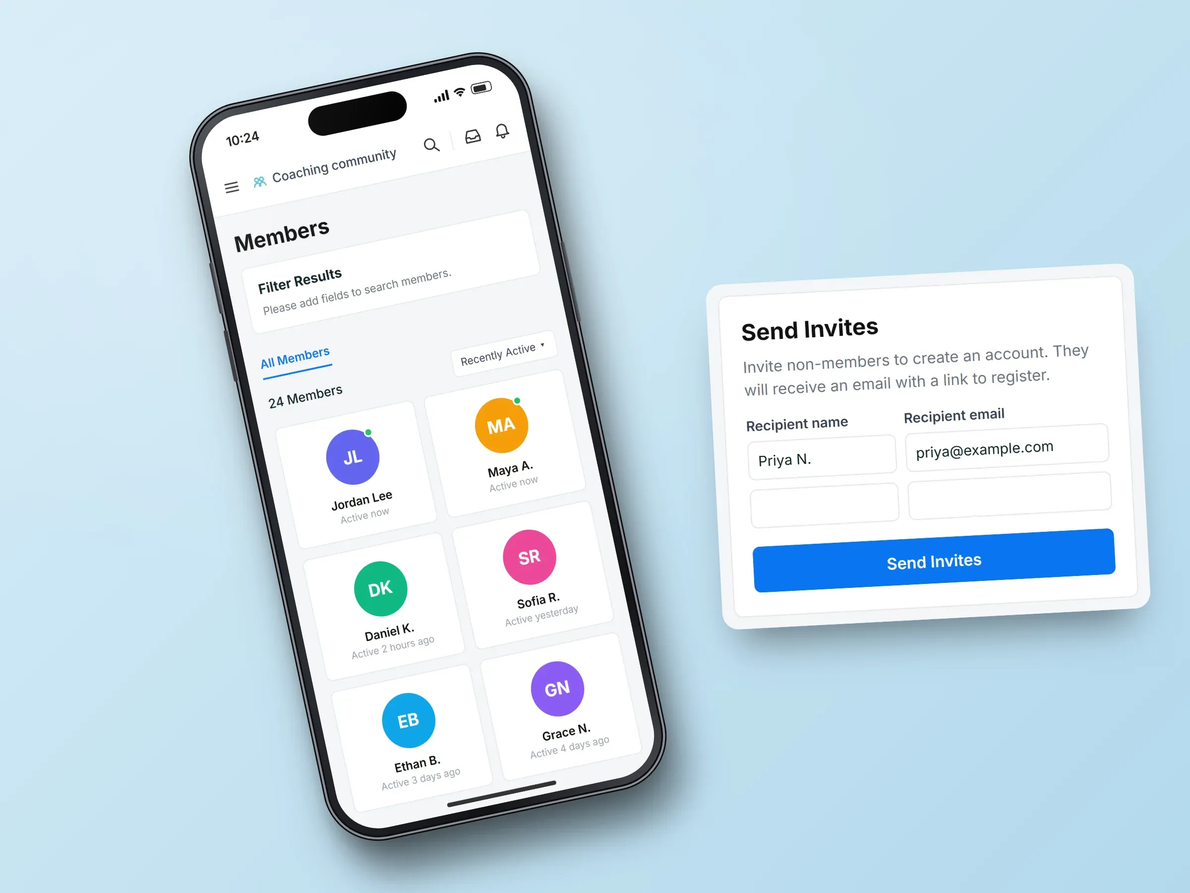 Recreated screens of the coaching community app, each a phone with an enlarged panel: the Community Hang Out group beside its upcoming free online calls, the members directory beside a Send Invites form, or the Join a live group call page beside its introduction