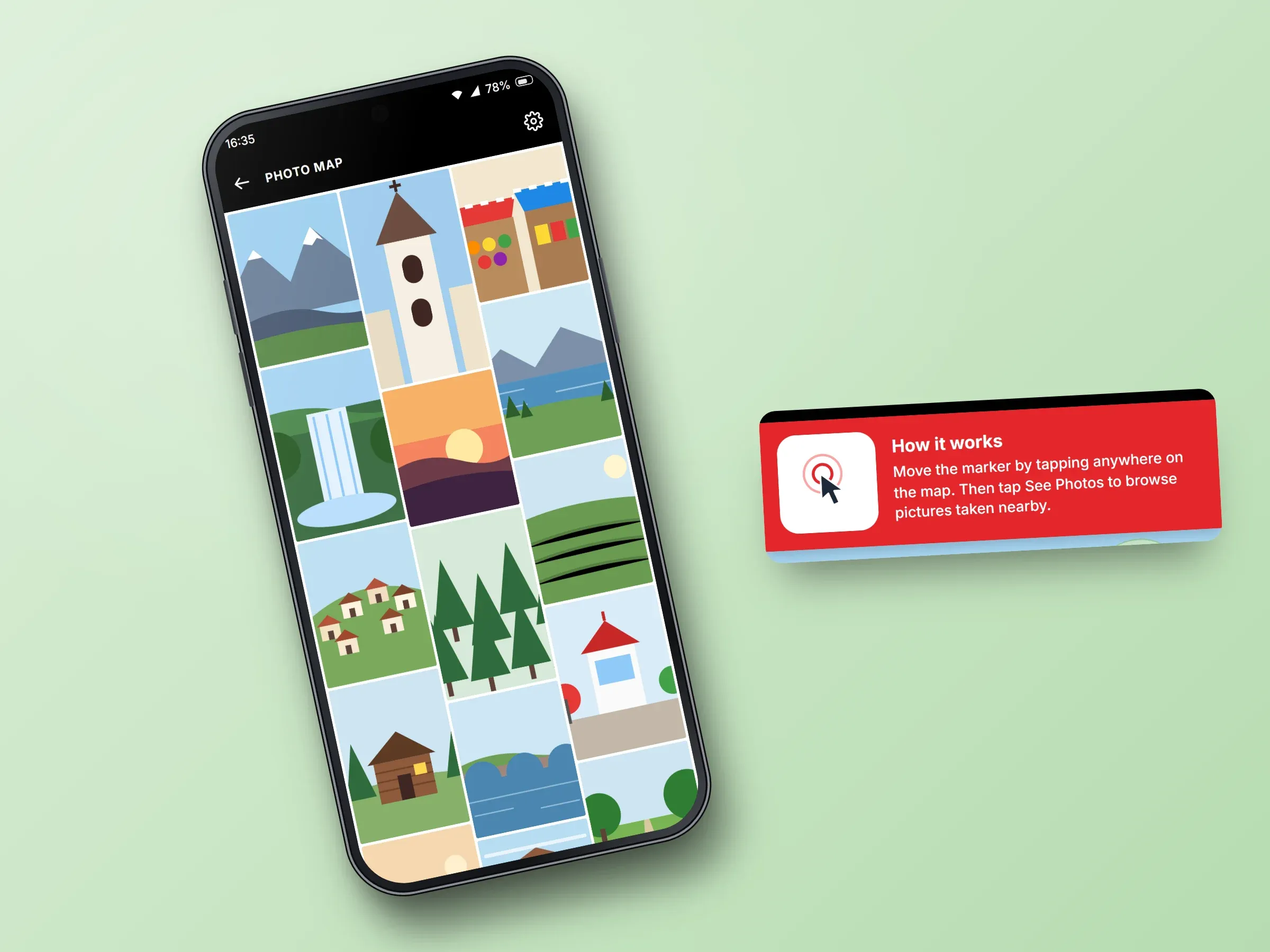Recreated screens of the photo map app: a zoomed map of an invented island with a red pin on the Highlands and a See Photos button, or a grid of drawn countryside pictures, beside an enlarged How it works tip or a grid of drawn coastal-town pictures