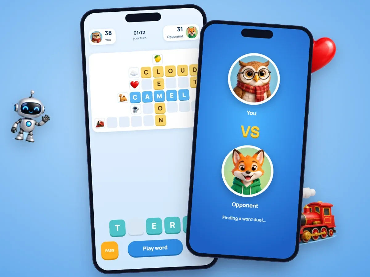 Representative screens on two phones: a picture crossword where LEMON runs down through CLOUD, HEART, CAMEL, ROBOT and TRAIN with a hand of letter tiles and both players' scores, and a versus screen with owl and fox avatars