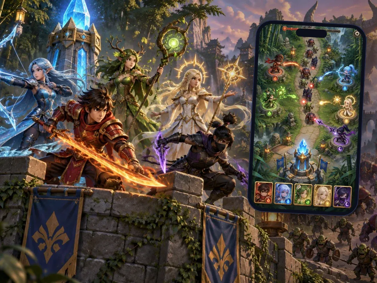 Representative artwork: five elemental heroes — fire swordsman, ice archer, leaf druid, light priestess and shadow ninja — defend a stone bastion and a blue crystal tower as goblins, armoured brutes and shadow wolves advance through a misty bamboo valley