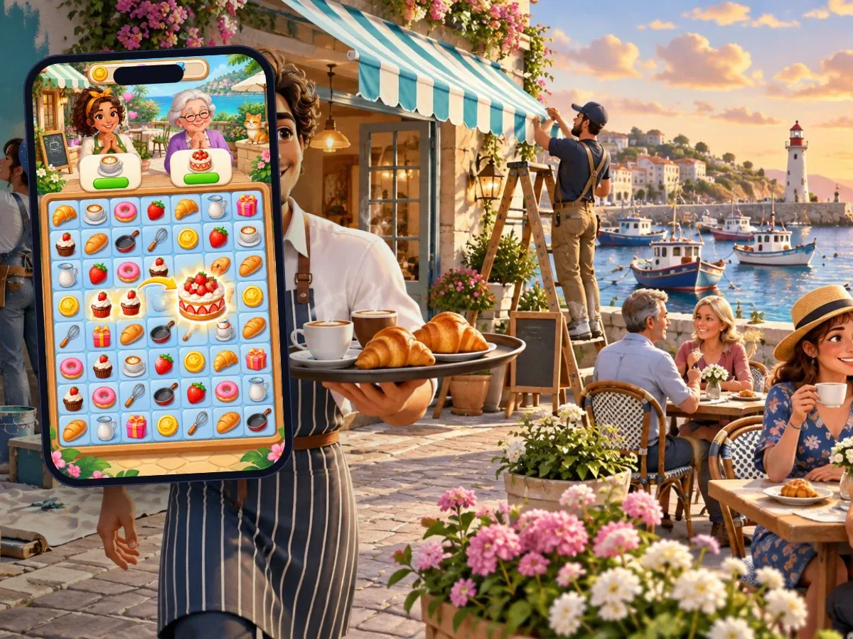Representative artwork: a café owner in a striped apron carries croissants and coffee across a seaside bistro terrace mid-renovation — a half-painted wall, ladders and paint cans, a new awning going up — with diners, a harbour and a lighthouse behind