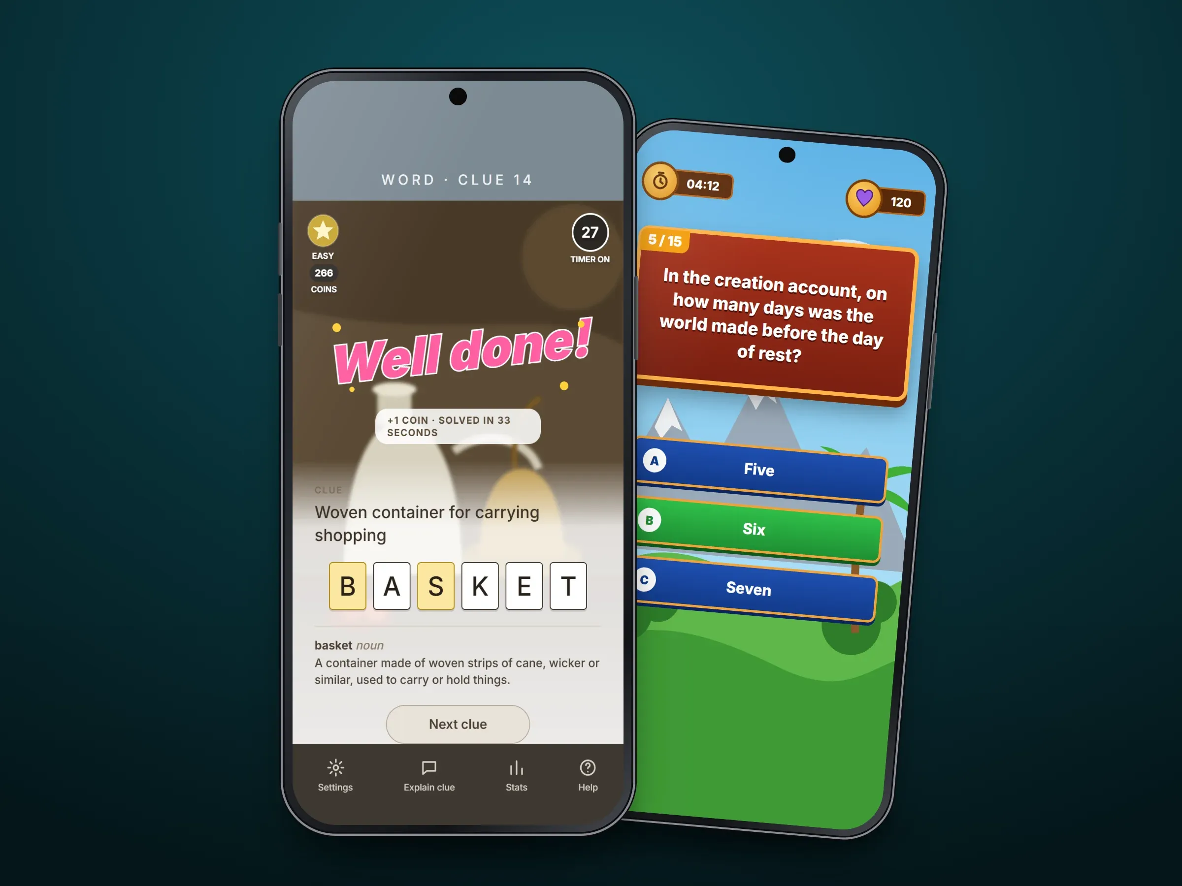 Phones on a dark teal stage showing recreated screens from the word and quiz games in this collection, led by the word puzzle with a written clue above a row of letter tiles