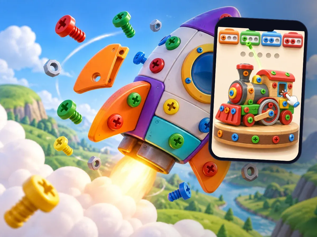 Representative artwork for a 3D screw-sorting puzzle: toy models held together by coloured screws, and the puzzle screen with colour boxes and holding slots