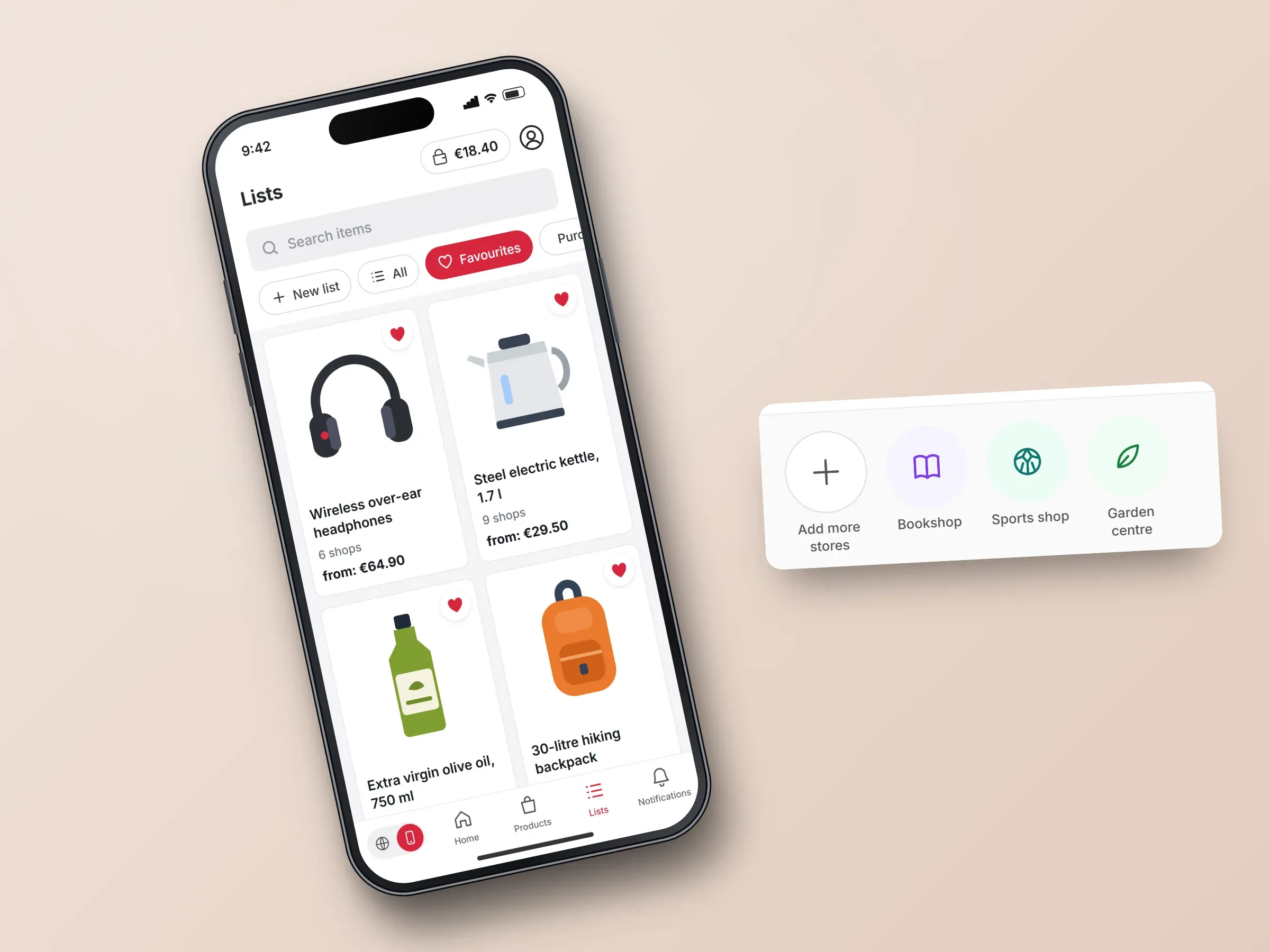 Recreated screens of the cashback shopping app: the home screen with a €18.40 balance, followed stores and categories, or the Favourites list of saved items, with enlarged panels of the followed stores and of price-drop, deal-code and cashback notifications
