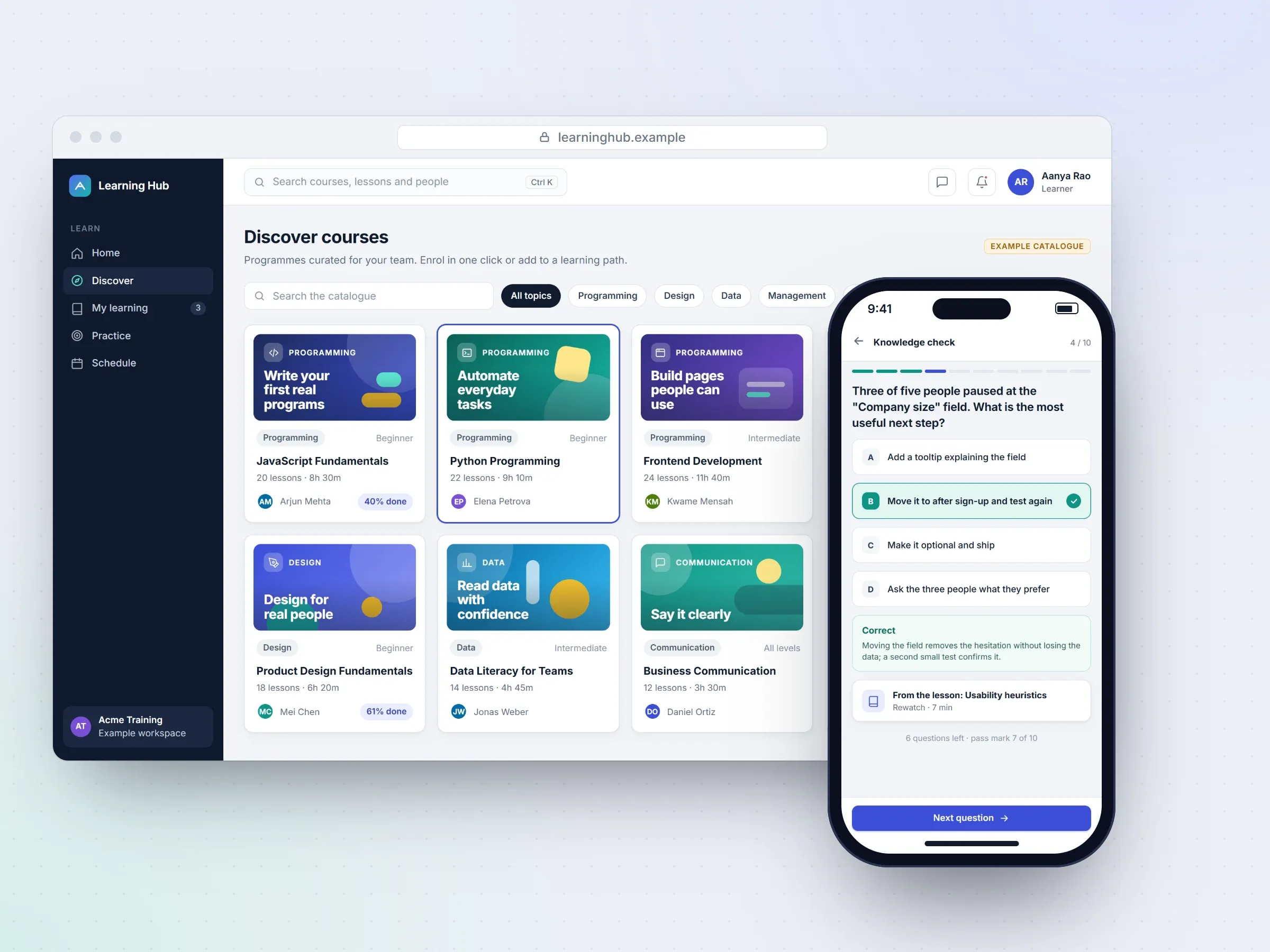 Recreated interface of the learning platform: a learner dashboard in a desktop browser — continue-learning card at 61%, minutes learnt this week, enrolled programmes and what is coming up — beside a phone showing the same dashboard, with anonymised example data