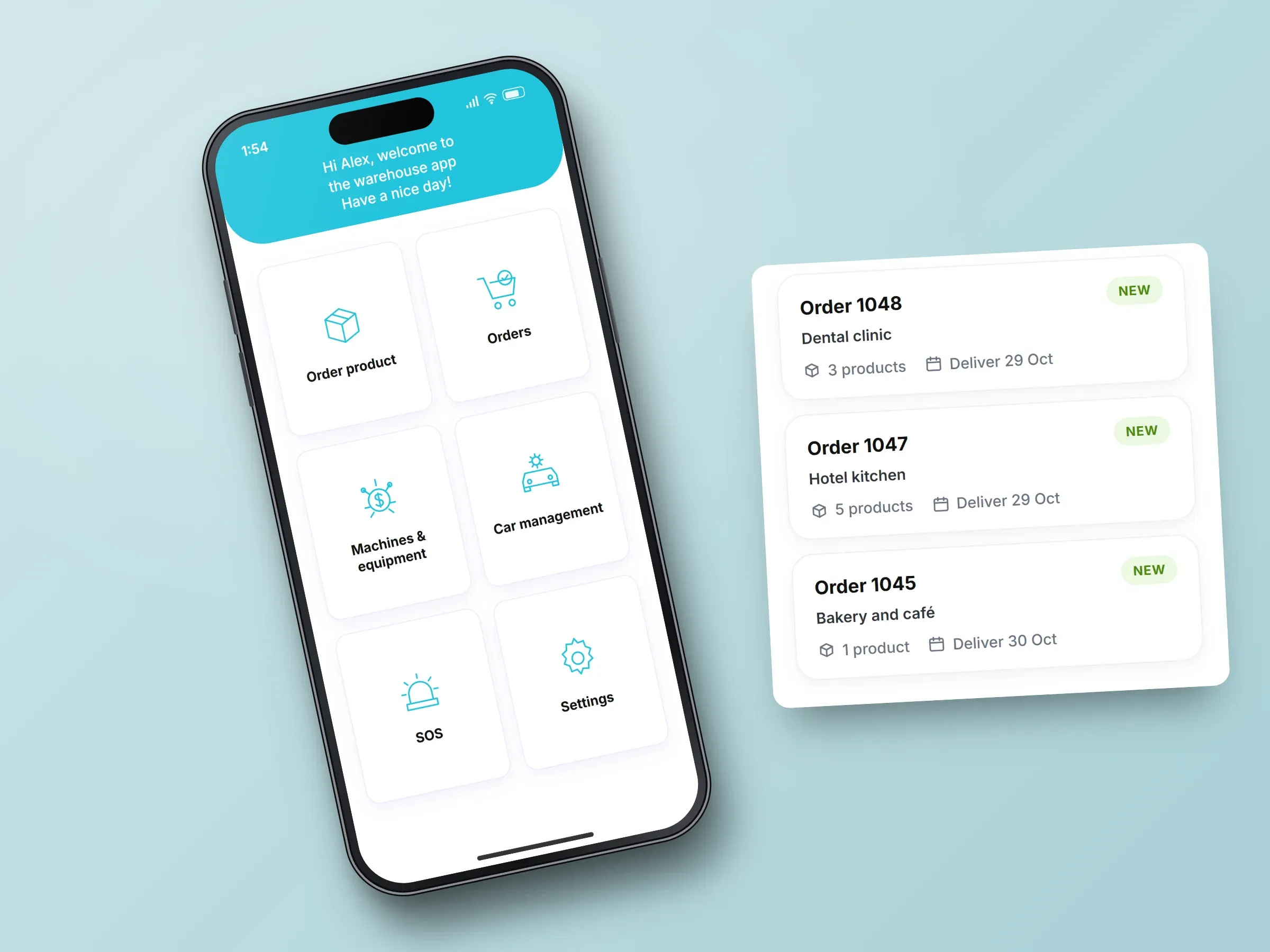 Recreated screens of the warehouse app: the home screen with tiles for Order product, Orders, Machines and equipment, Car management, SOS and Settings, shown with an enlarged panel of three new example orders and, in the wide version, the customer list