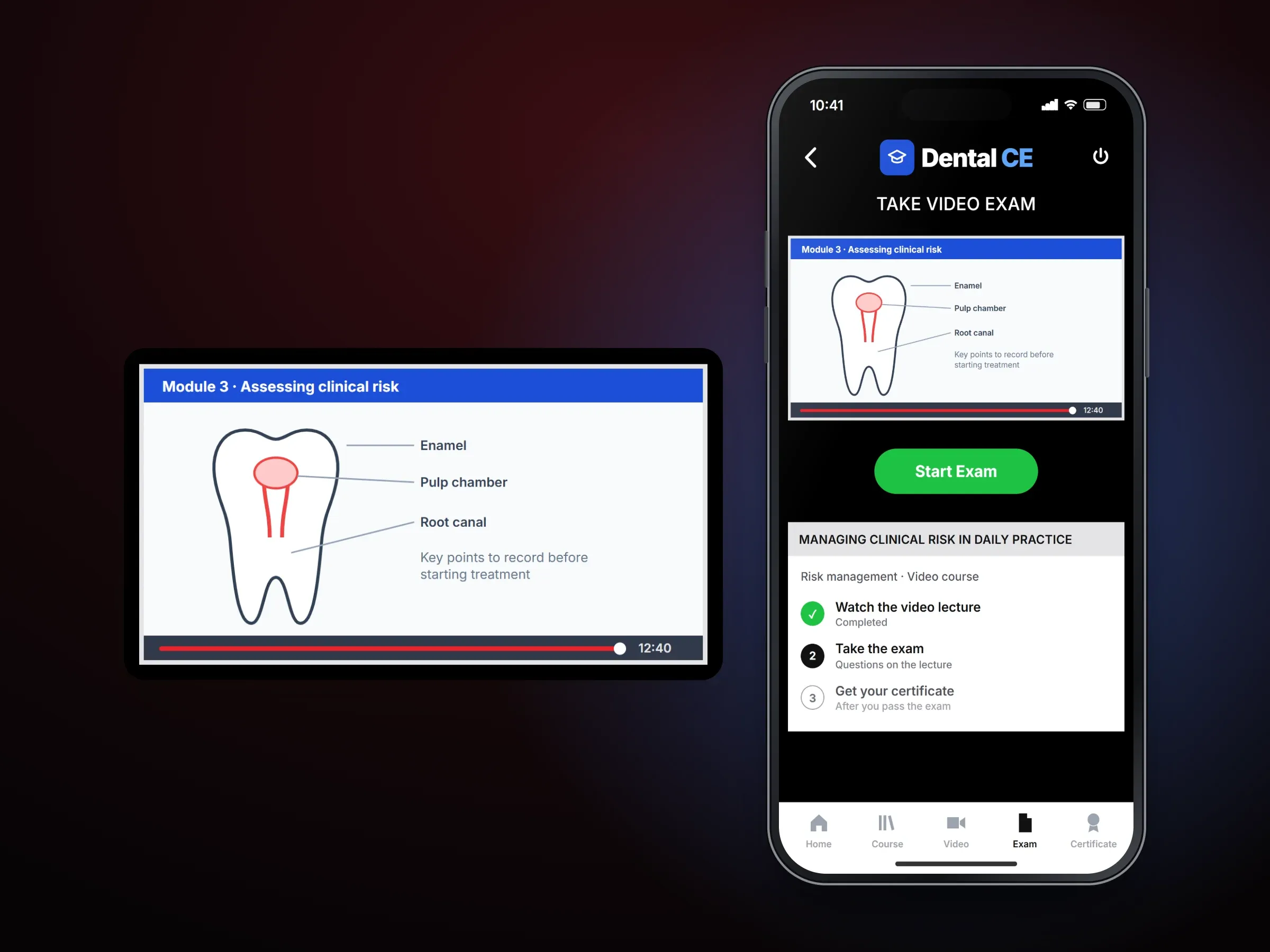 Recreated screens of the Dental CE app: the home screen with approved CE courses, a live chat button and books labelled Courses, Exam and Certificate beside enlarged course categories or books, or the Take Video Exam screen beside an enlarged lecture slide with a labelled tooth diagram