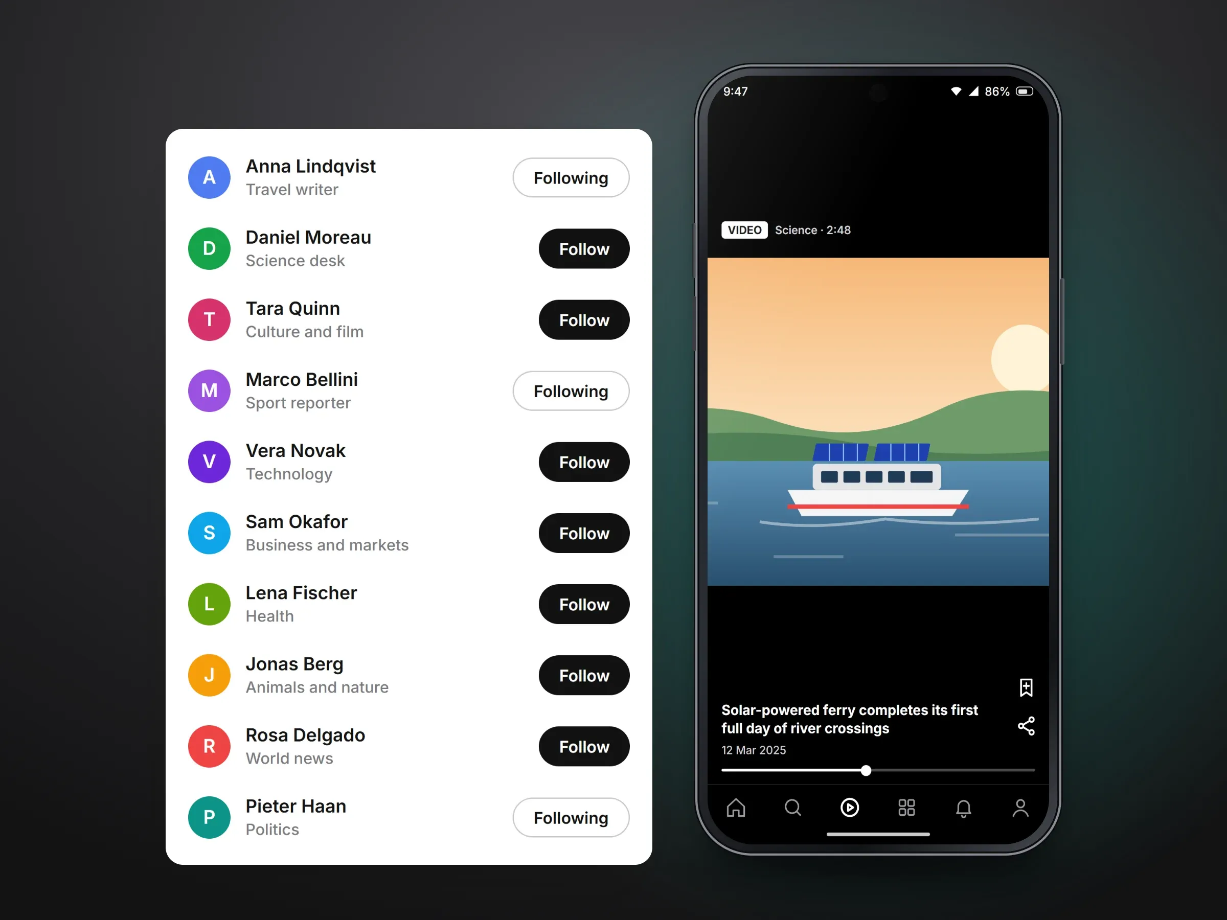 The recreated news app: an illustration of a solar-powered ferry on a river, shown with the For You feed of illustrated newsdesk stories, or with the video player and a list of writers to follow