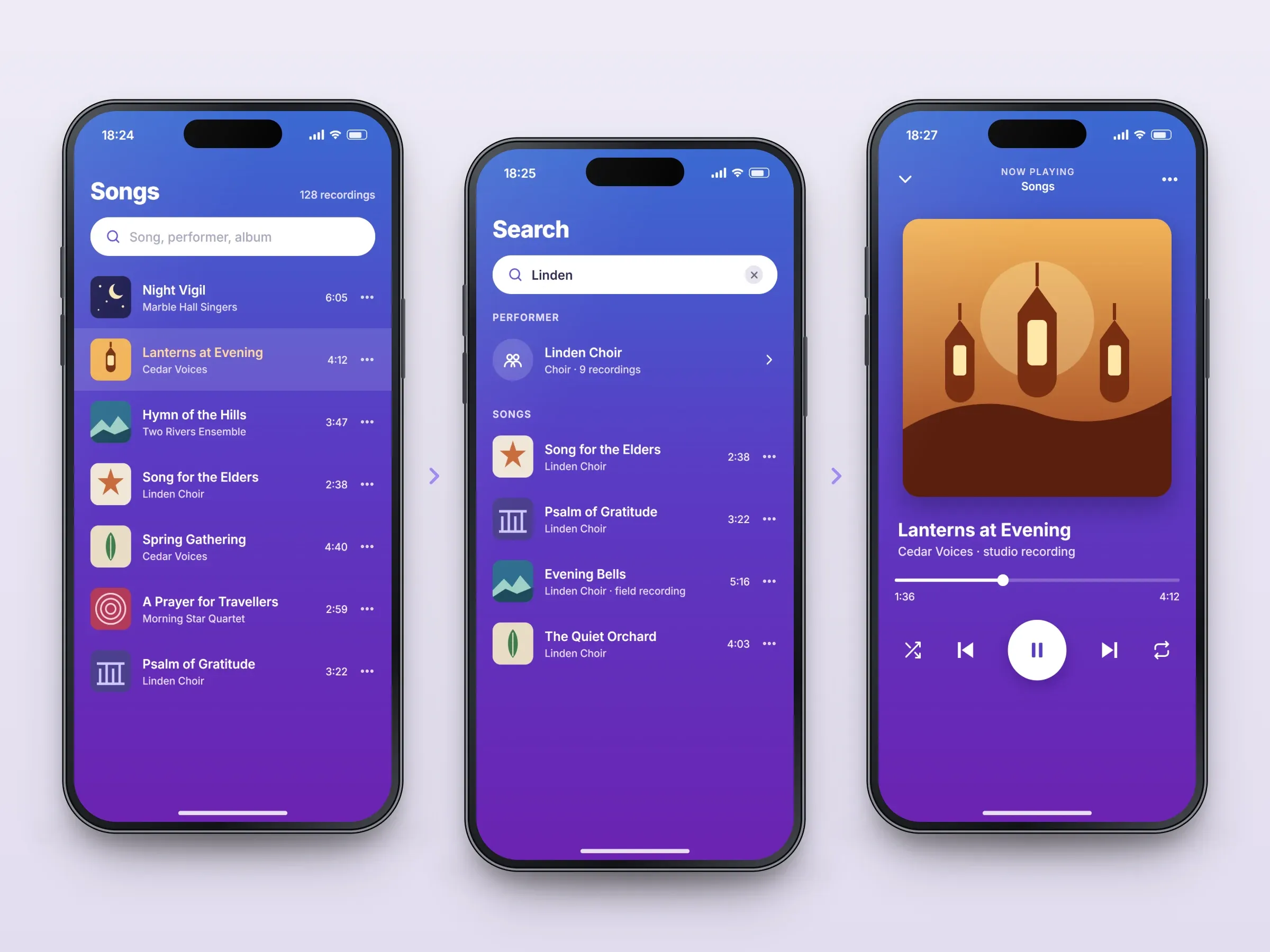Recreated screens of the song archive app: the player for Lanterns at Evening by Cedar Voices, with lantern artwork, a progress bar and playback controls, shown with the song list of seven songs, each with square artwork, performer and duration