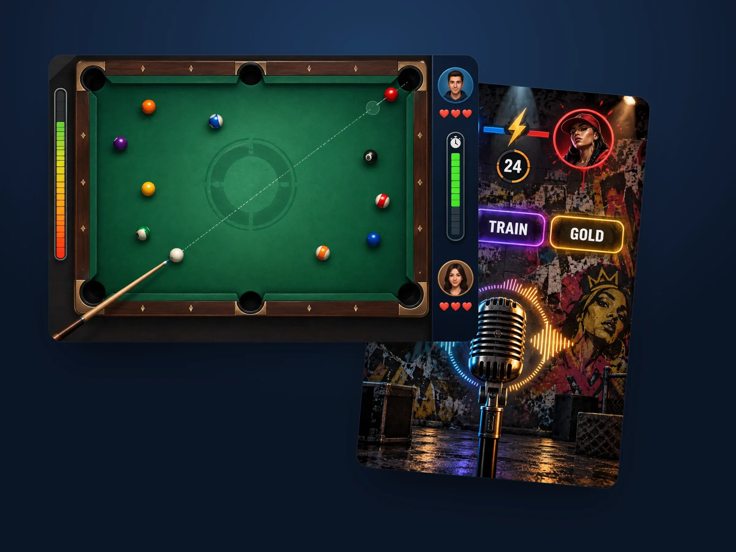 Representative artwork from the multiplayer games in this collection, shown as tilted screens on a dark blue stage — such as the arena shooter, the snack-character runner, online pool and the rap battle