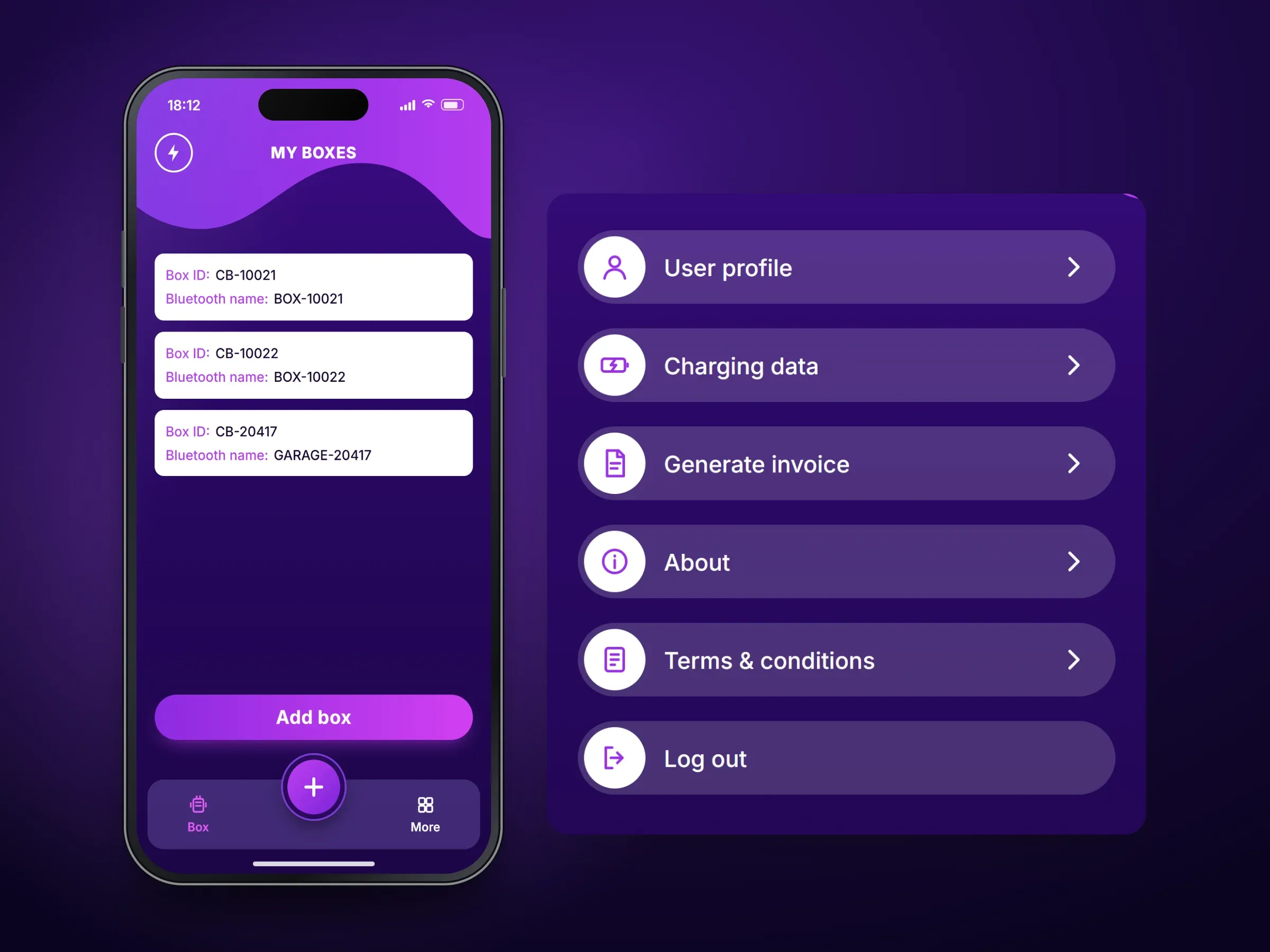 Recreated screens of the EV charging app: the charging list of eight sessions with dates, charging energy in kWh, box IDs and Chart and Total buttons beside an enlarged Add box form or list of boxes, or the My Boxes screen beside an enlarged account menu