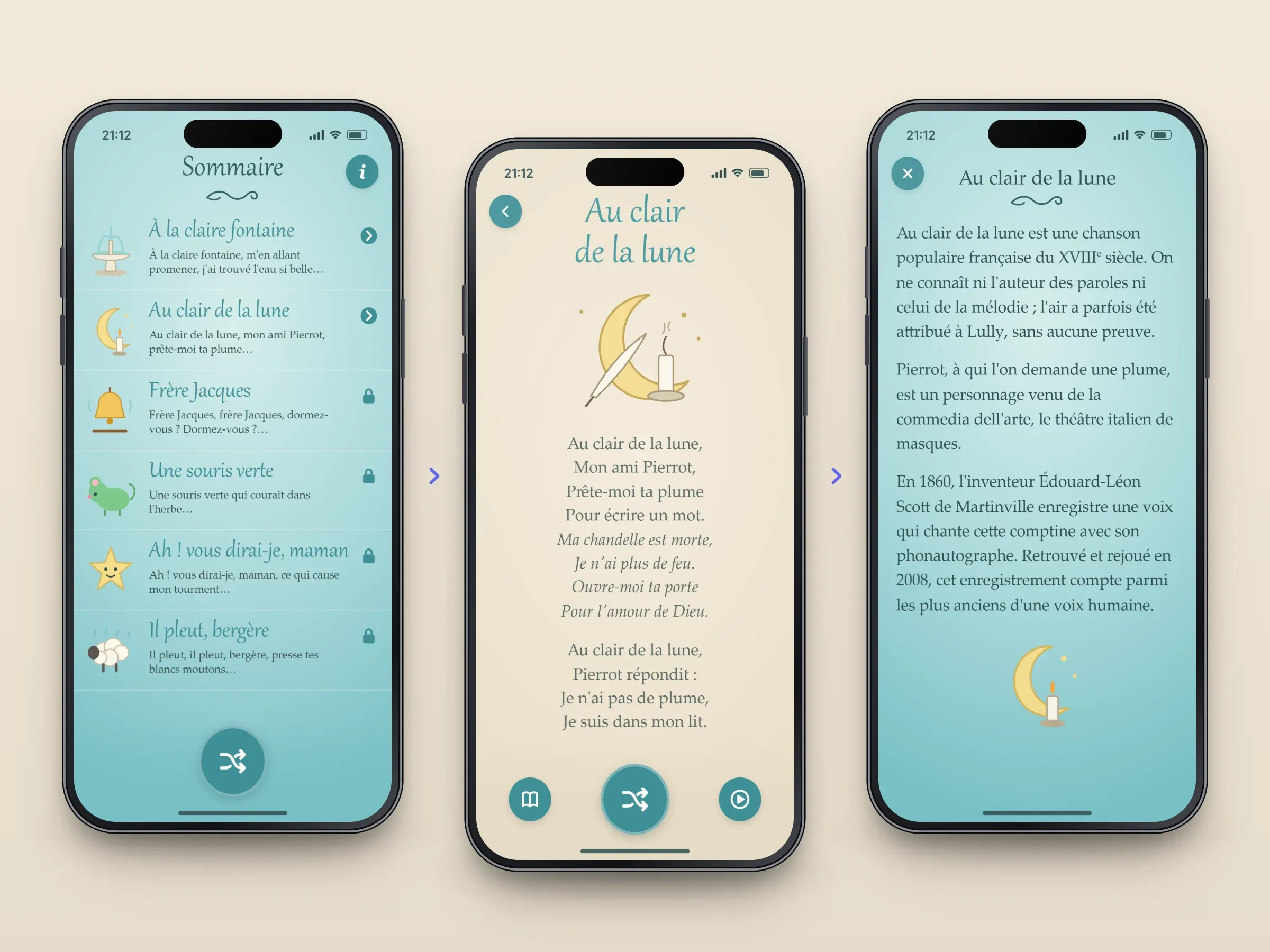 The recreated nursery rhymes app: the lyrics of Au clair de la lune on parchment with a moon, quill and candle drawing and round buttons below, shown with verses of À la claire fontaine or with the Sommaire list and the rhyme's origin page