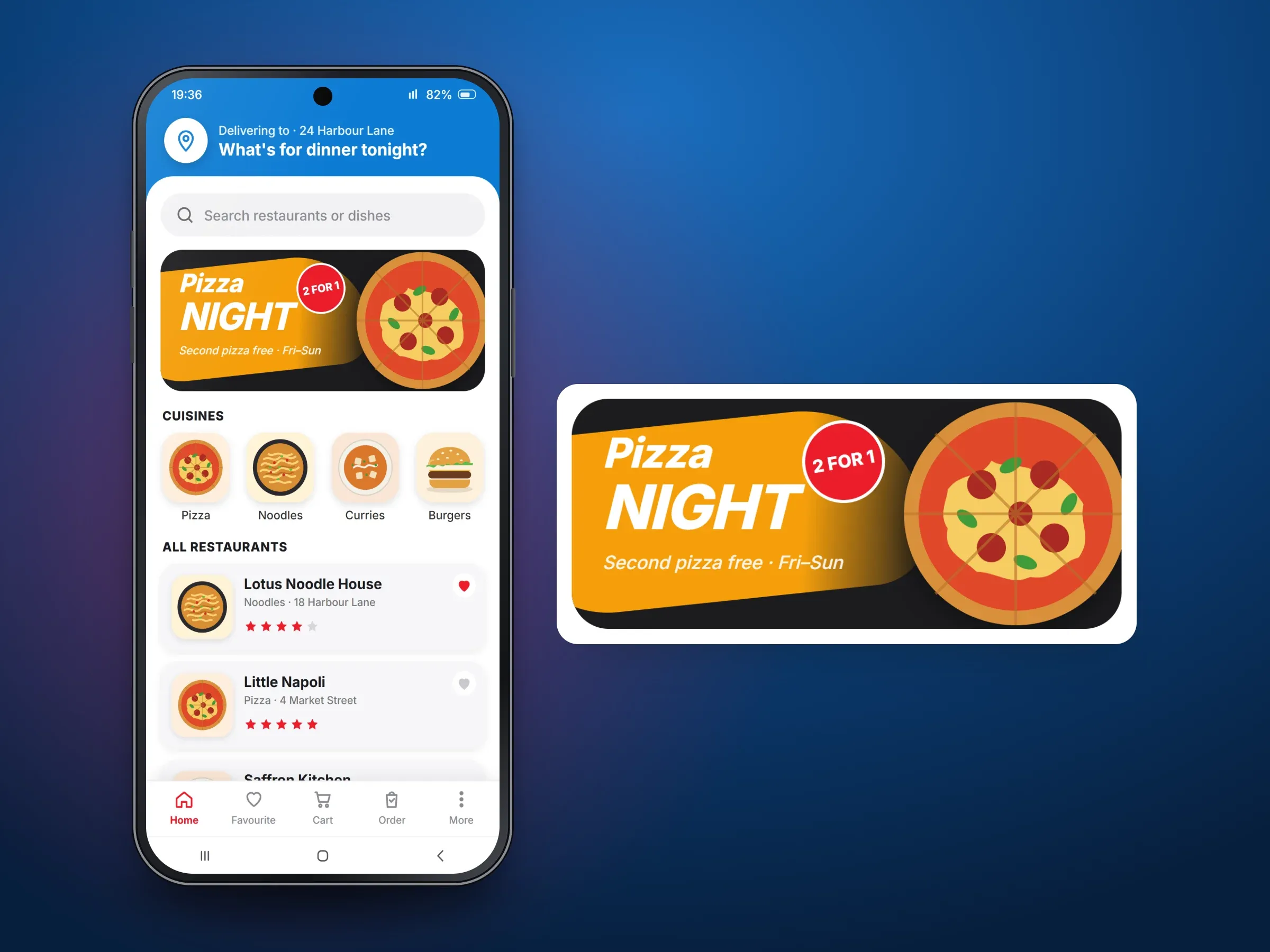 Recreated screens of the food ordering app: the home screen with a search bar, a Pizza Night offer, cuisine tiles and restaurants with star ratings, shown with further screens from the ordering flow such as the dish page, the cart or checkout