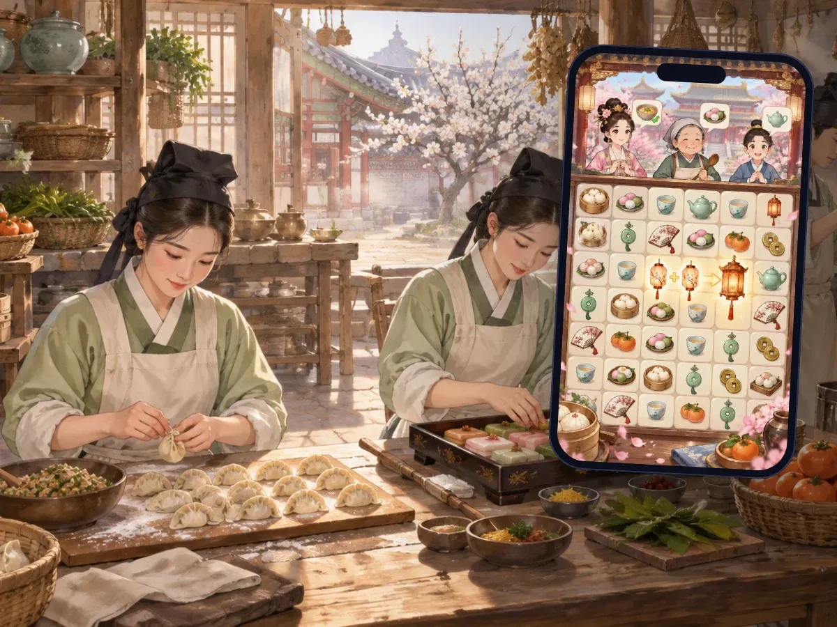 Representative artwork: three palace cooks in pale green robes work at a long wooden table in a sunlit traditional kitchen — folding dumplings, arranging layered rice cakes on a lacquered tray and ladling soup — with clay pots, steam and a blossoming tree outside