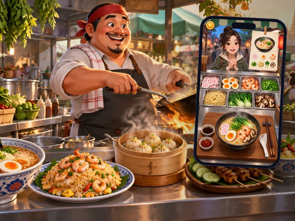 Representative artwork: a cook in a red bandana tosses noodles in a flaming wok at a hawker stall, in front of a row of finished dishes — ramen, fried rice, dumplings, satay skewers, green curry and mango with rice — in a sunny market street