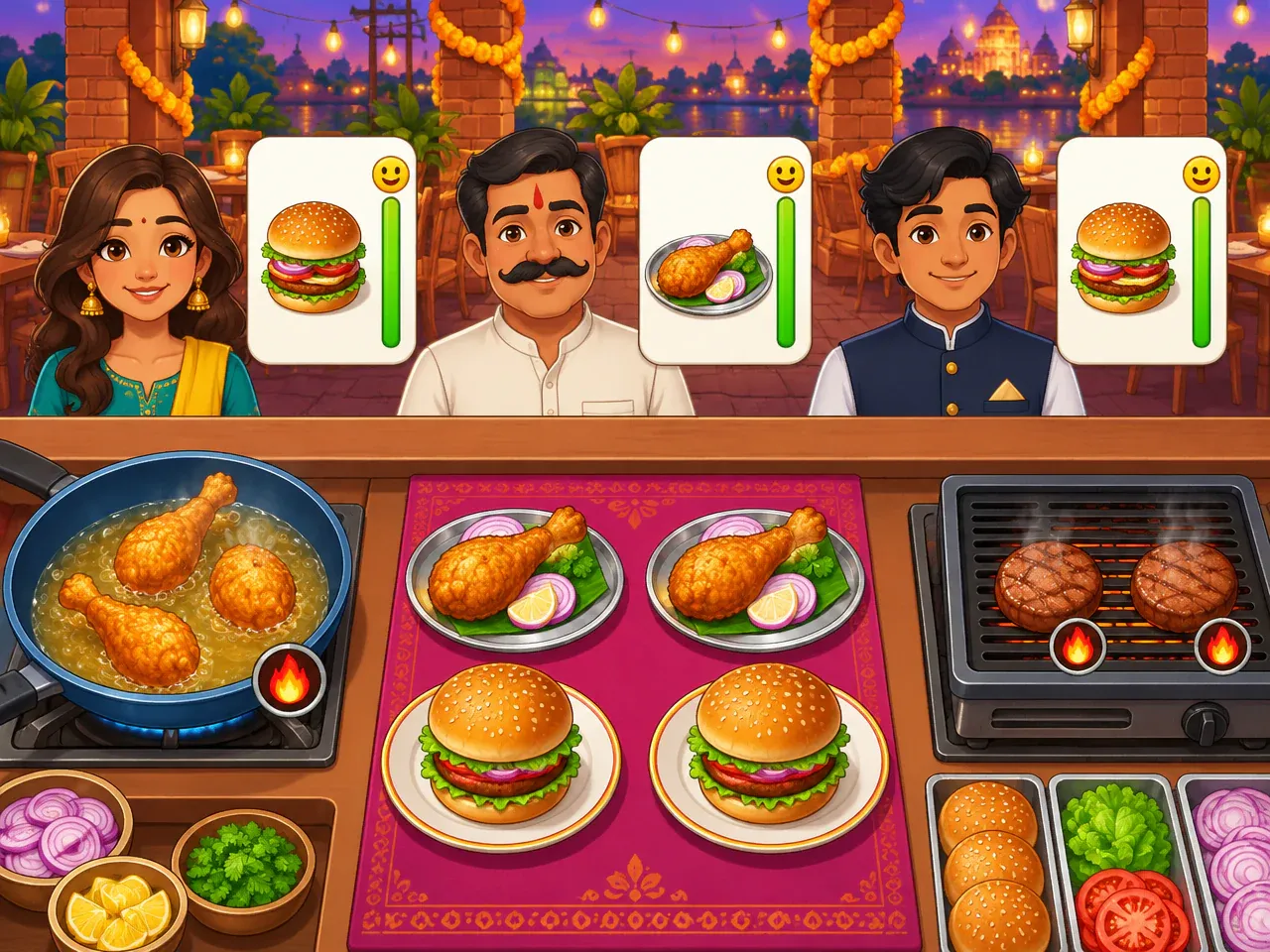 Representative recreation of a gameplay screen: four customers behind a restaurant counter on an Indian terrace at dusk, each with an order card (burgers, fried drumsticks), a vertical green patience bar and a smiley; on the counter seen from above, frying pans with drumsticks and flame timers, a patterned runner with plated drumsticks and burgers, lettuce, cheese and buns, a grill with patties, purple drinks, soups and a blender