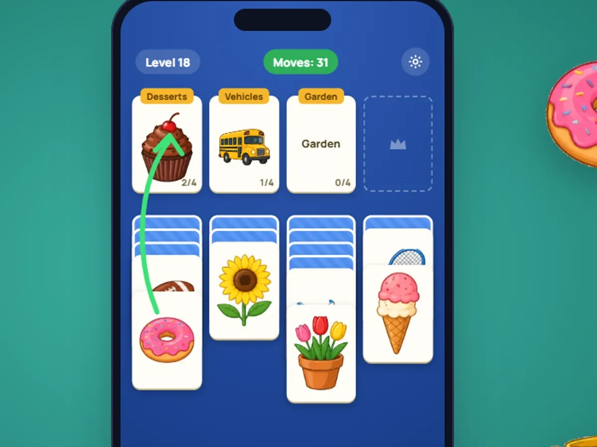 Representative screens on a phone: a solitaire table with Desserts, Vehicles and Garden category cards on the foundation slots, columns of picture cards and face-down cards, a draw pile, and an arrow moving a donut onto Desserts