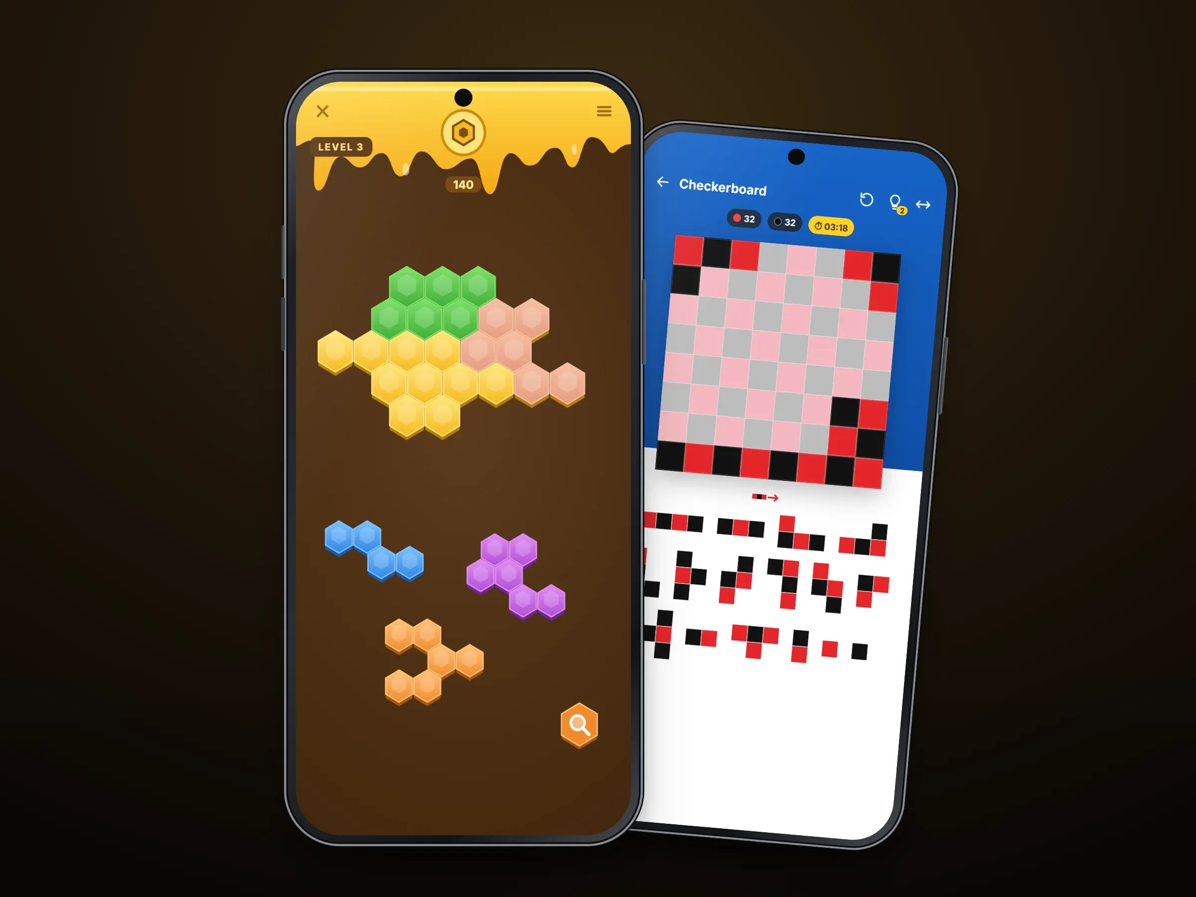 Phones on a dark honey-brown stage showing recreated screens from the puzzle games in this collection, led by the hexagon block puzzle with its honeycomb board and coloured pieces