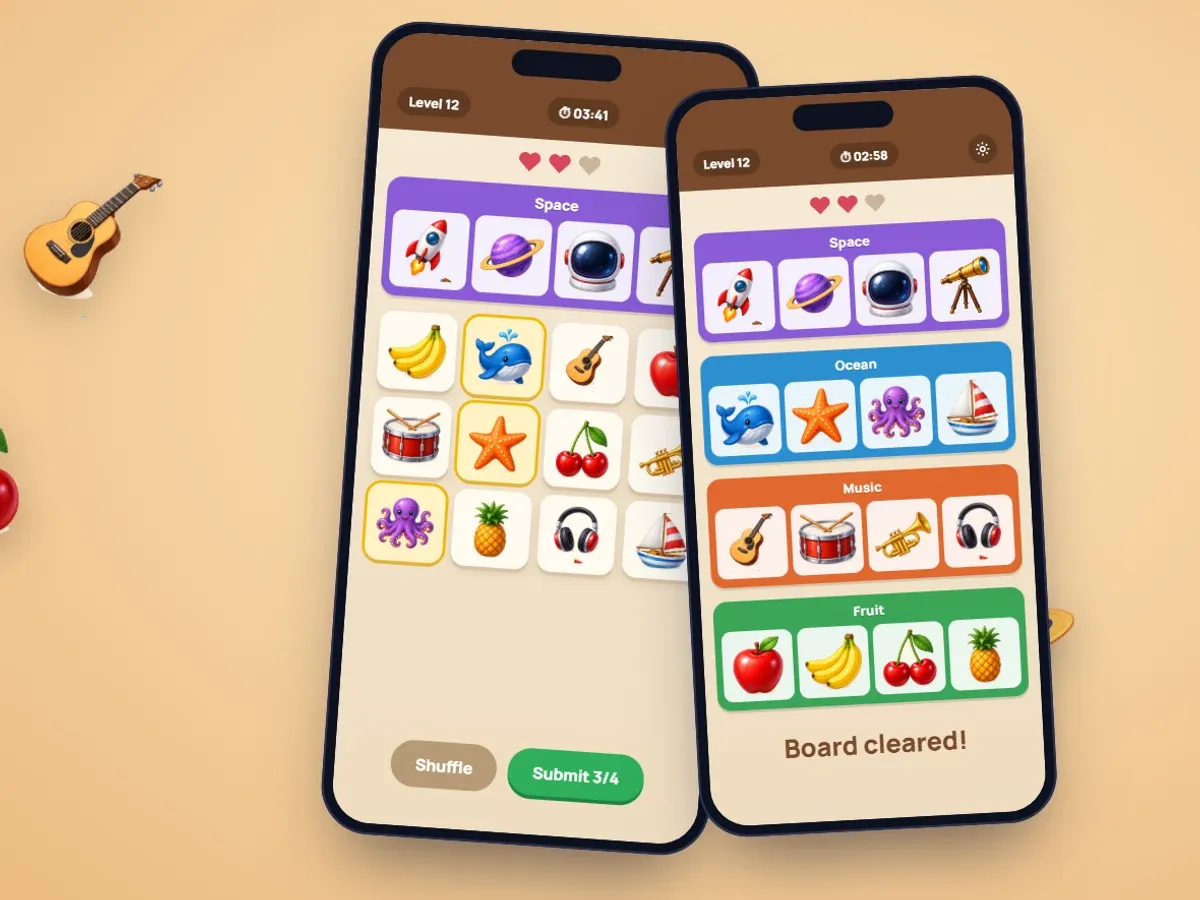 Representative screens on two phones: a grid of picture tiles with the Space group already solved and three ocean pictures selected, and a cleared board with Space, Ocean, Music and Fruit groups