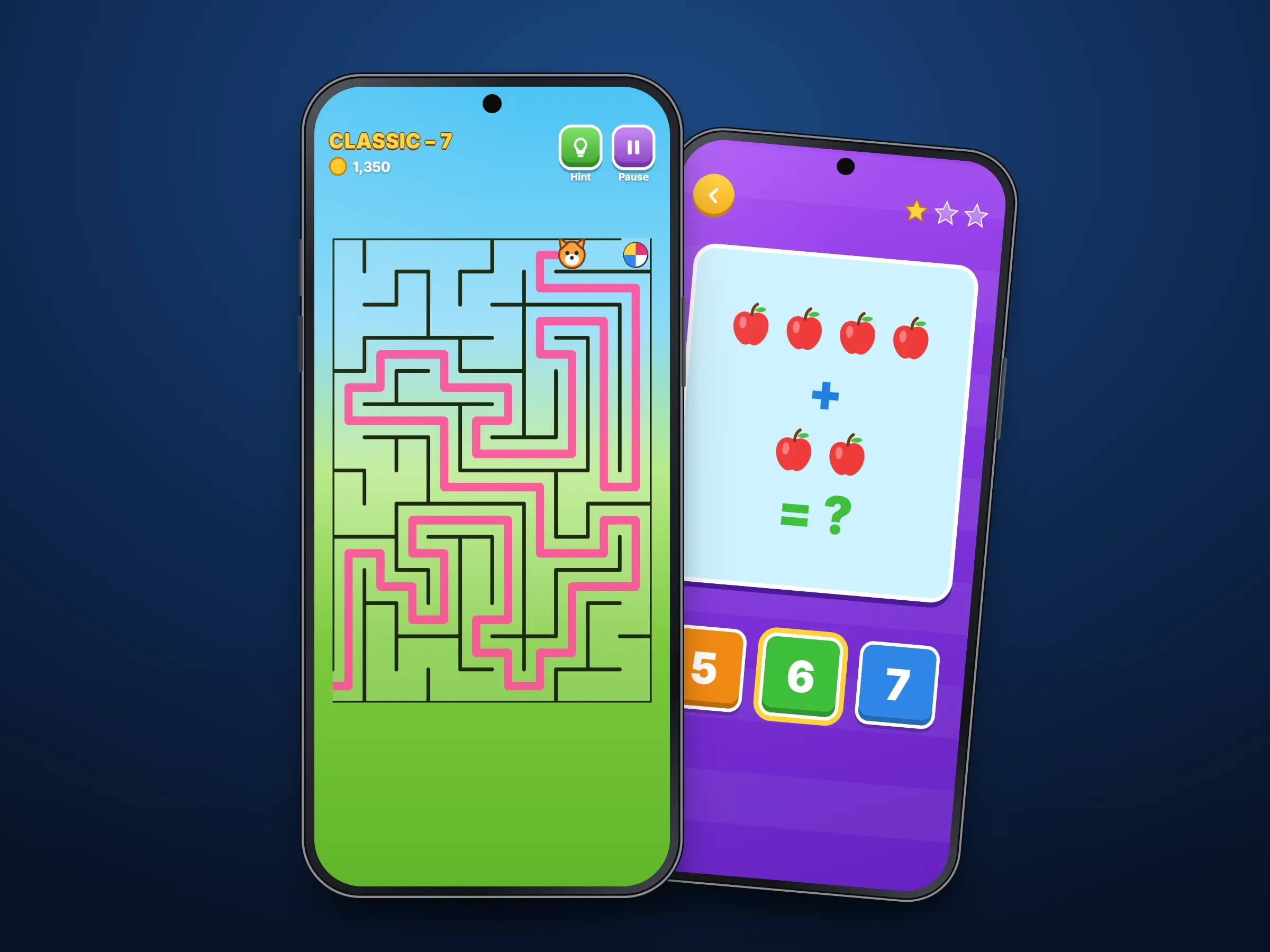 Phones on a dark blue stage showing recreated screens from the children's learning games in this collection, led by the animal maze with a path traced towards the exit