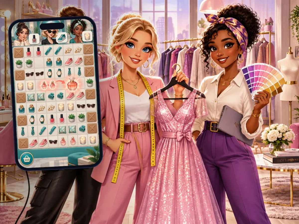 Representative artwork: three stylists in a bright styling studio — one with a hair dryer, one holding a sparkling pink dress with a measuring tape around her neck, one with a colour swatch fan