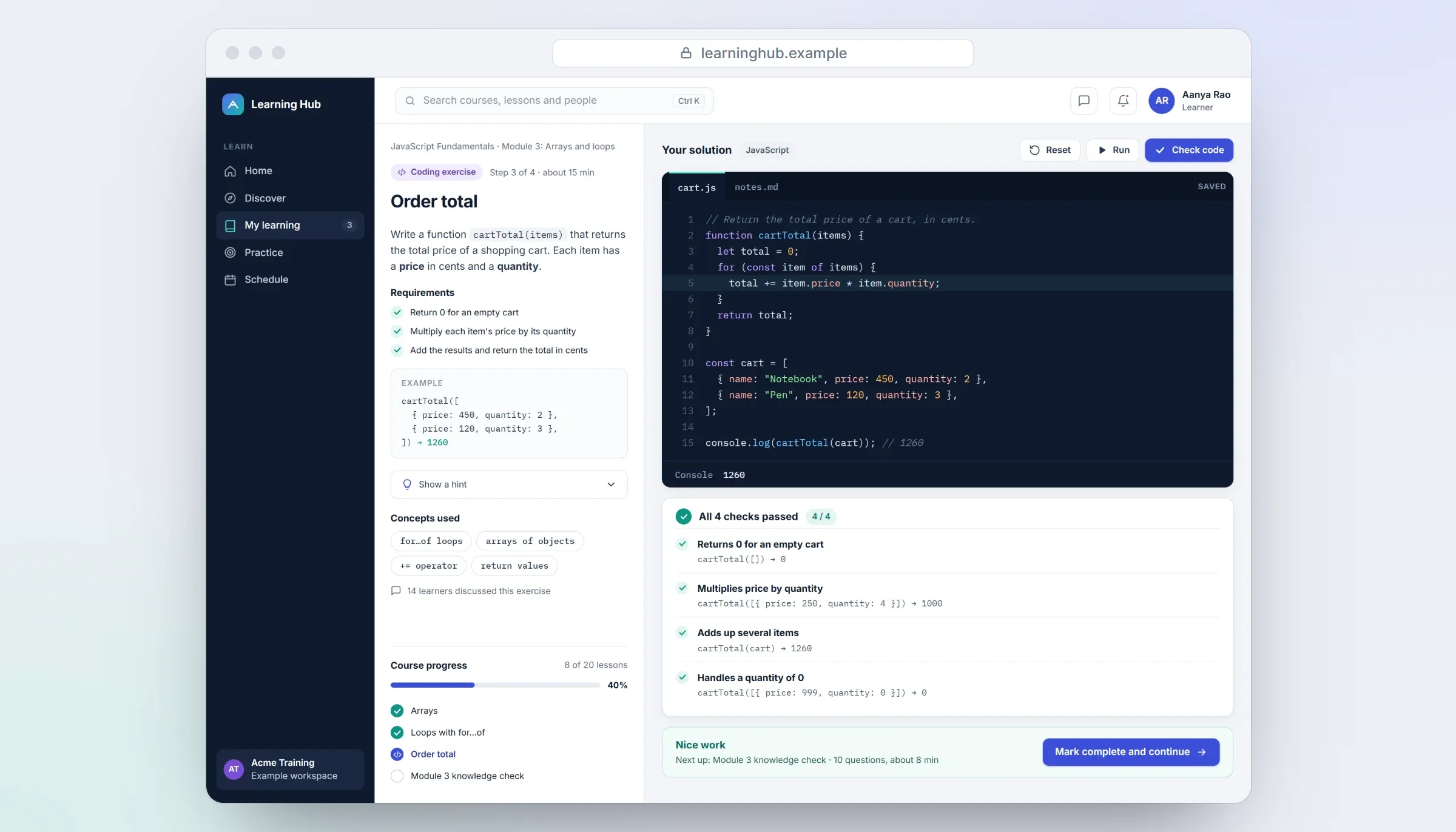 Recreated coding exercise, 'Order total': instructions to write cartTotal(items), requirements and an example returning 1260; an editor with a short JavaScript solution and a console showing 1260; four passed checks; course progress 8 of 20 lessons (40%); and a Mark complete and continue button