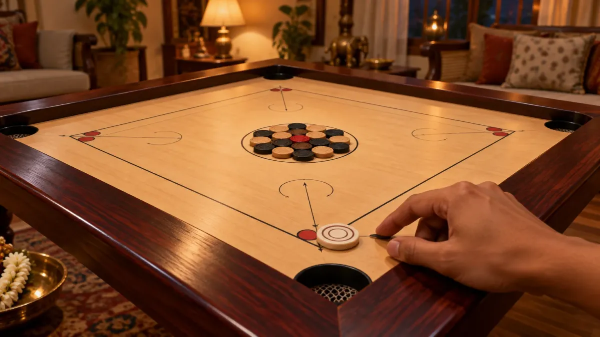 Representative artwork: a polished wooden carrom board in a warmly lit living room, coins arranged in the centre circle around the red queen, and a player's hand about to flick the striker from the baseline