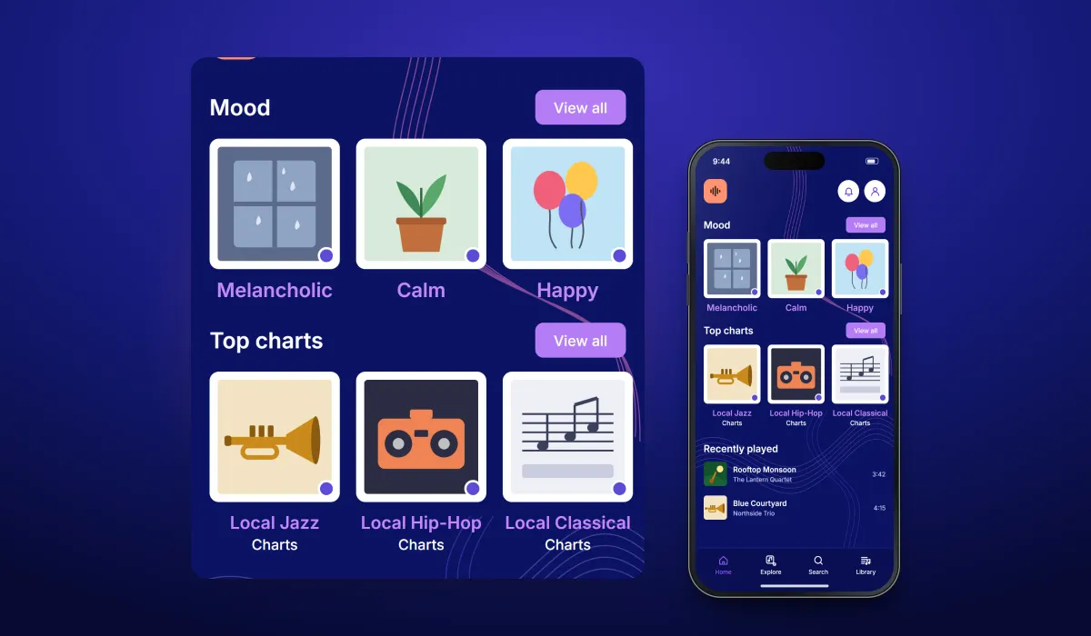 Recreated screens of the music discovery app: the home screen with mood tiles, top charts and recently played songs, or the Top Charts screen, each beside an enlarged panel of the mood and chart tiles or of the Local Jazz Charts playlist and its four tracks
