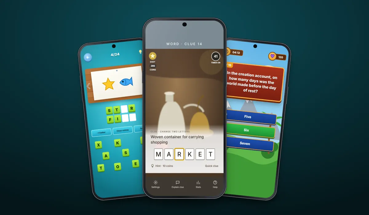 Phones on a dark teal stage showing recreated screens from the word and quiz games in this collection, led by the word puzzle with a written clue above a row of letter tiles