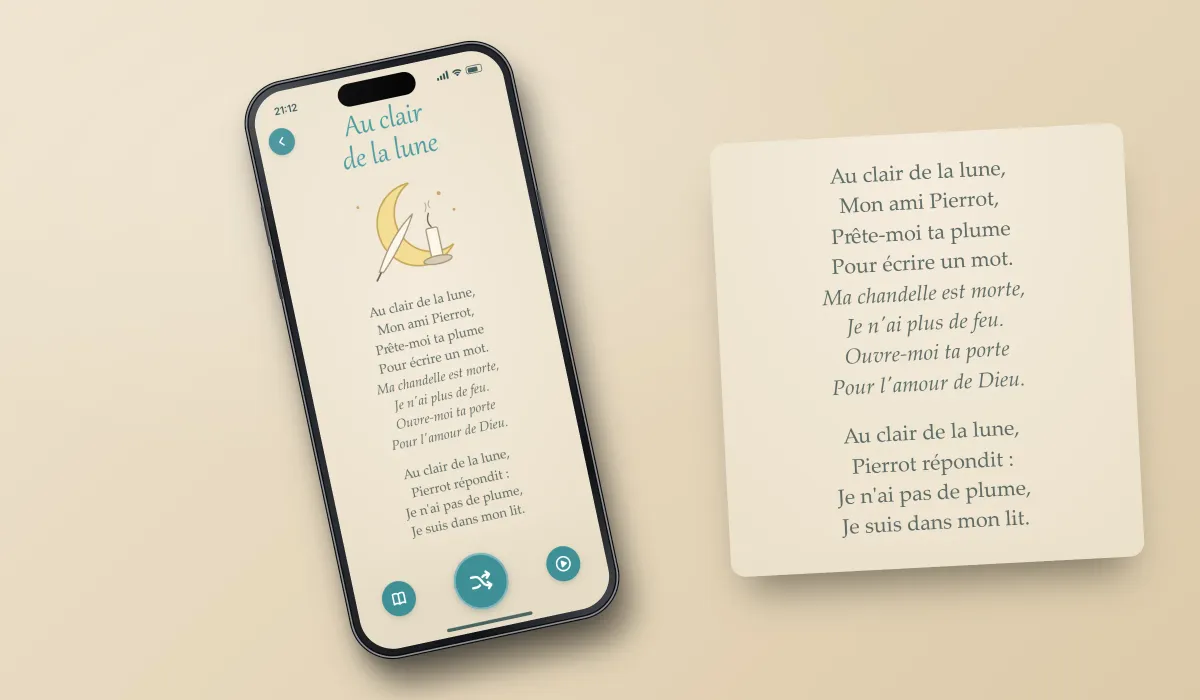 The recreated nursery rhymes app: the lyrics of Au clair de la lune on parchment with a moon, quill and candle drawing and round buttons below, shown with verses of À la claire fontaine or with the Sommaire list and the rhyme's origin page