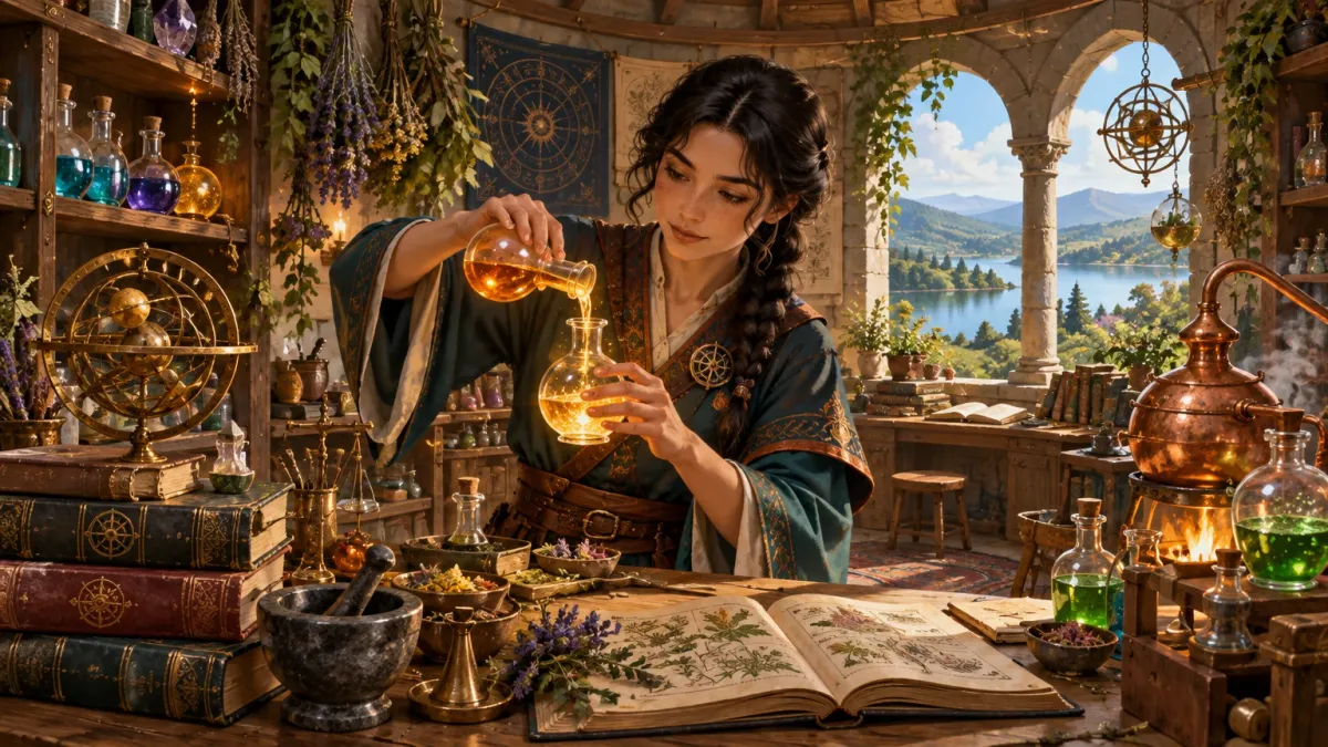 Representative artwork: an apprentice with dark braided hair in a teal-and-copper robe pours a glowing amber potion at a cluttered alchemy workbench, among potion shelves, spell books, a brass orrery and a copper still, with hills and a lake through an arched window