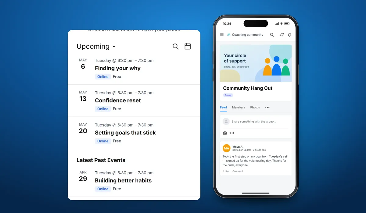 Recreated screens of the coaching community app, each a phone with an enlarged panel: the Community Hang Out group beside its upcoming free online calls, the members directory beside a Send Invites form, or the Join a live group call page beside its introduction
