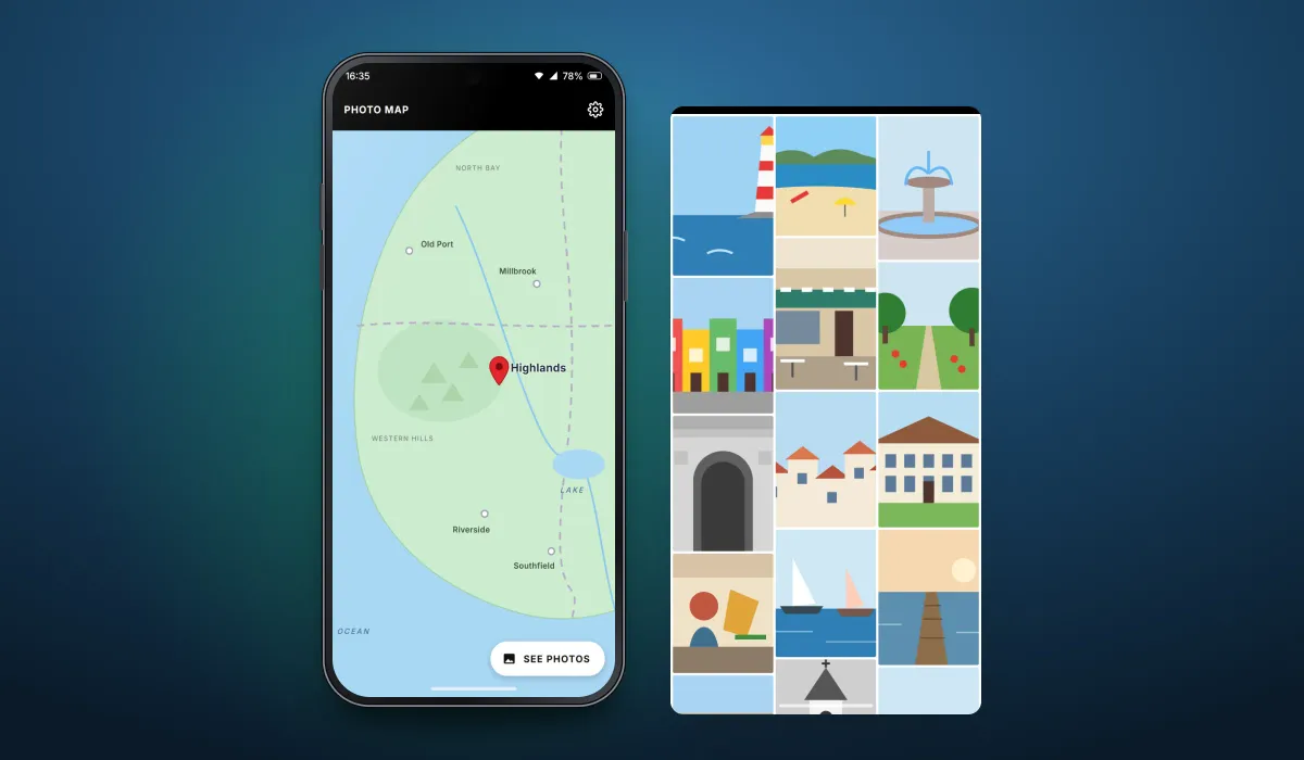 Recreated screens of the photo map app: a zoomed map of an invented island with a red pin on the Highlands and a See Photos button, or a grid of drawn countryside pictures, beside an enlarged How it works tip or a grid of drawn coastal-town pictures