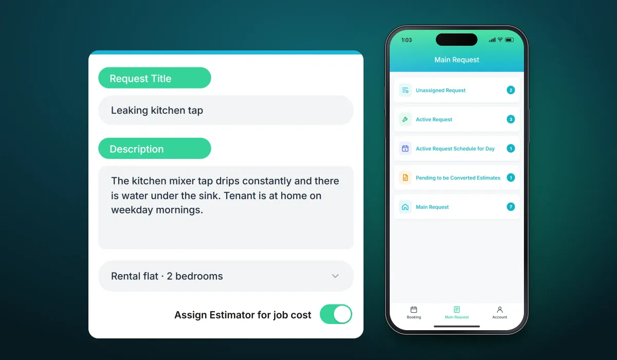 Recreated screens of the property service app: the Main Request overview counting unassigned, active, scheduled-today, pending-estimate and all requests, and the new request form for a leaking kitchen tap, with the account menu in the three-phone version
