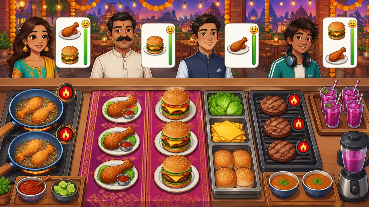 Representative recreation of a gameplay screen: four customers behind a restaurant counter on an Indian terrace at dusk, each with an order card (burgers, fried drumsticks), a vertical green patience bar and a smiley; on the counter seen from above, frying pans with drumsticks and flame timers, a patterned runner with plated drumsticks and burgers, lettuce, cheese and buns, a grill with patties, purple drinks, soups and a blender