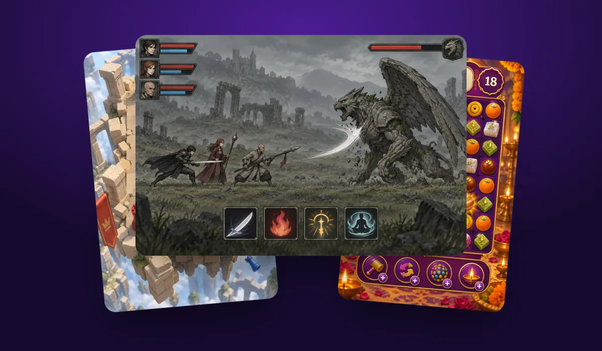Representative artwork from the games in this collection, shown as tilted screens on a purple stage — such as the turn-based RPG battle, physics chess, the flick battle and the match-3 board of Indian sweets