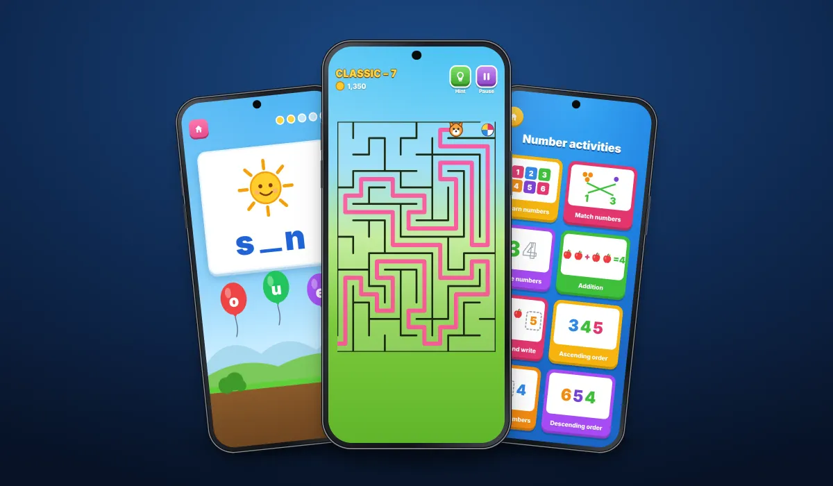Phones on a dark blue stage showing recreated screens from the children's learning games in this collection, led by the animal maze with a path traced towards the exit