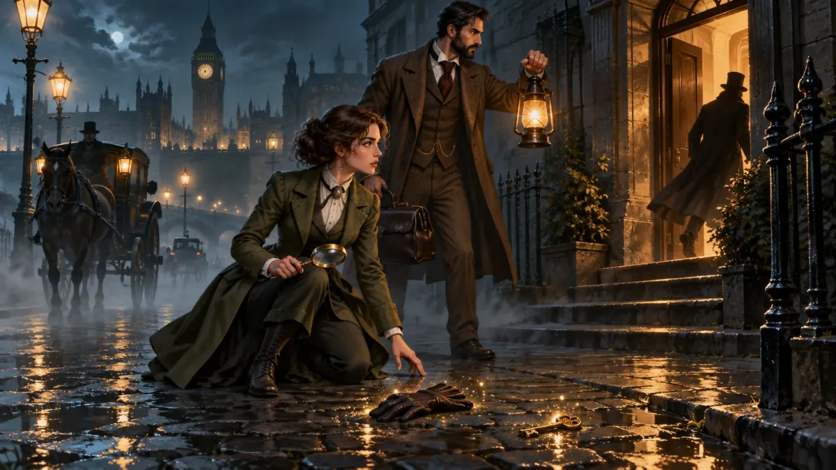 Representative artwork: a young woman investigator with a magnifying glass kneels on a wet cobbled street at night beside a dropped glove and key, beside a bearded gentleman with a lantern, while a figure in a top hat slips through a lit doorway behind them