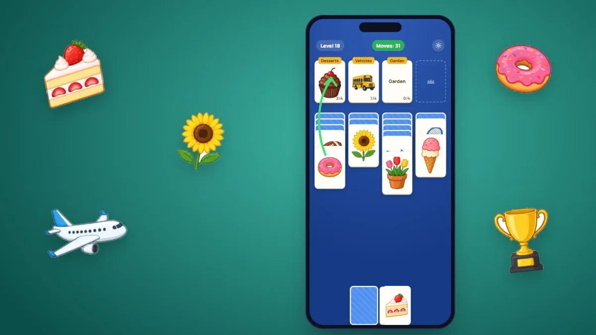 Representative screens on a phone: a solitaire table with Desserts, Vehicles and Garden category cards on the foundation slots, columns of picture cards and face-down cards, a draw pile, and an arrow moving a donut onto Desserts
