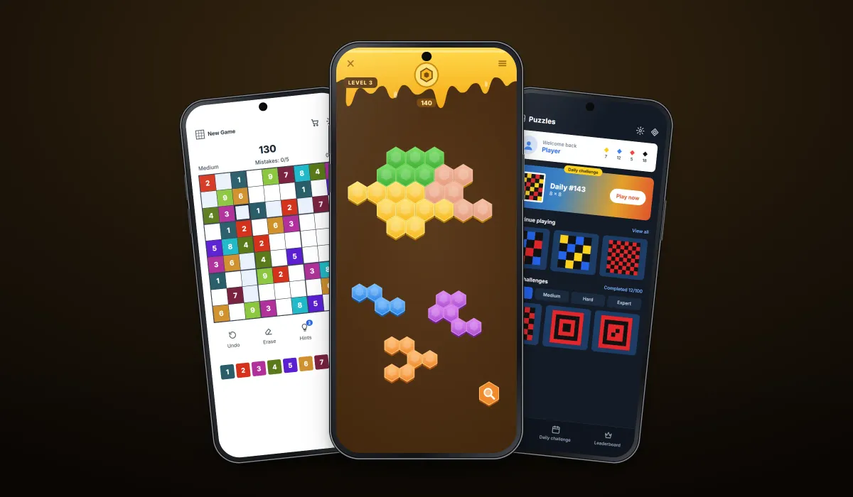 Phones on a dark honey-brown stage showing recreated screens from the puzzle games in this collection, led by the hexagon block puzzle with its honeycomb board and coloured pieces