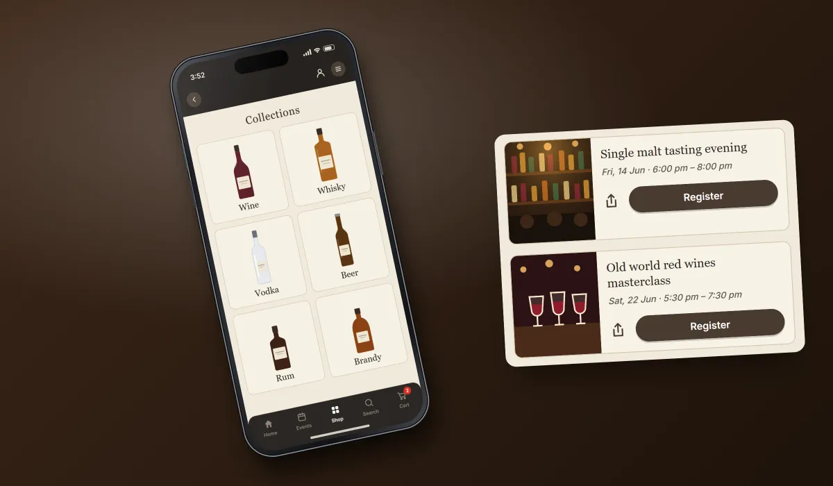 Recreated screens of the wine and spirits app: a phone showing the shop's collections or its events, with an enlarged panel of two events, a single malt tasting evening and an old world red wines masterclass, each with its date, time and a Register button
