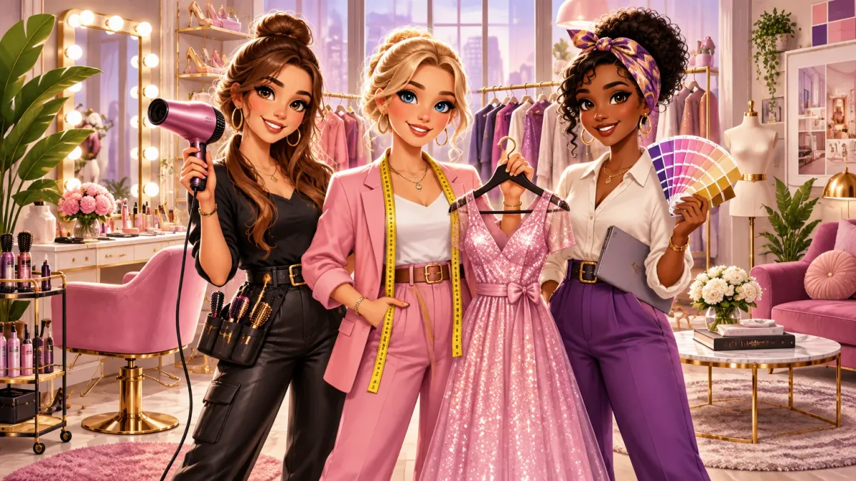 Representative artwork: three stylists in a bright styling studio — one with a hair dryer, one holding a sparkling pink dress with a measuring tape around her neck, one with a colour swatch fan