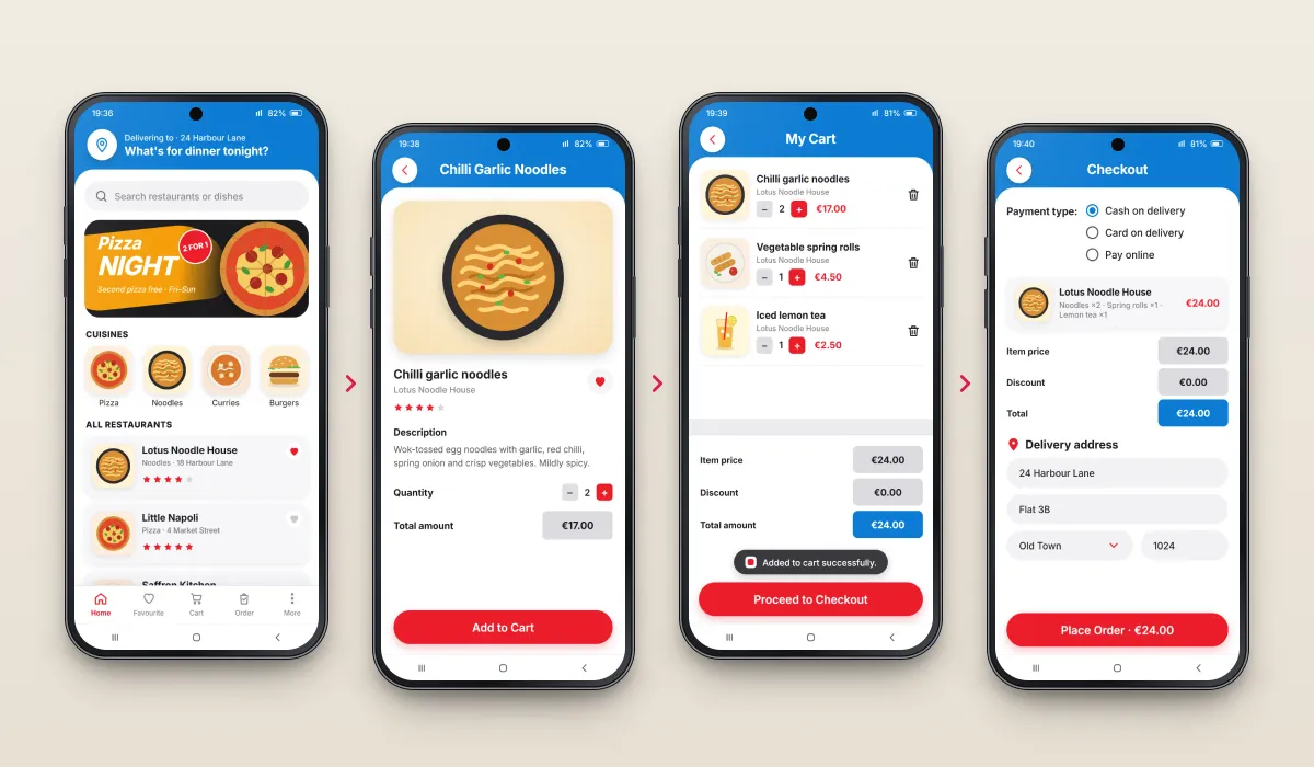 Recreated screens of the food ordering app: the home screen with a search bar, a Pizza Night offer, cuisine tiles and restaurants with star ratings, shown with further screens from the ordering flow such as the dish page, the cart or checkout