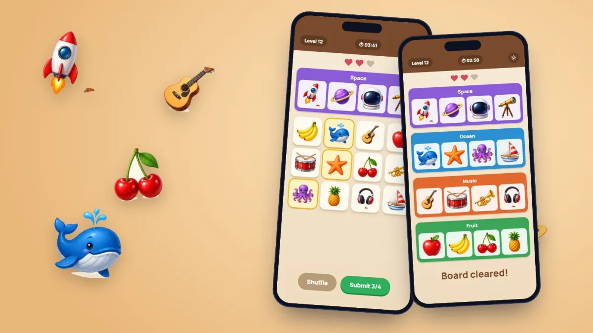 Representative screens on two phones: a grid of picture tiles with the Space group already solved and three ocean pictures selected, and a cleared board with Space, Ocean, Music and Fruit groups